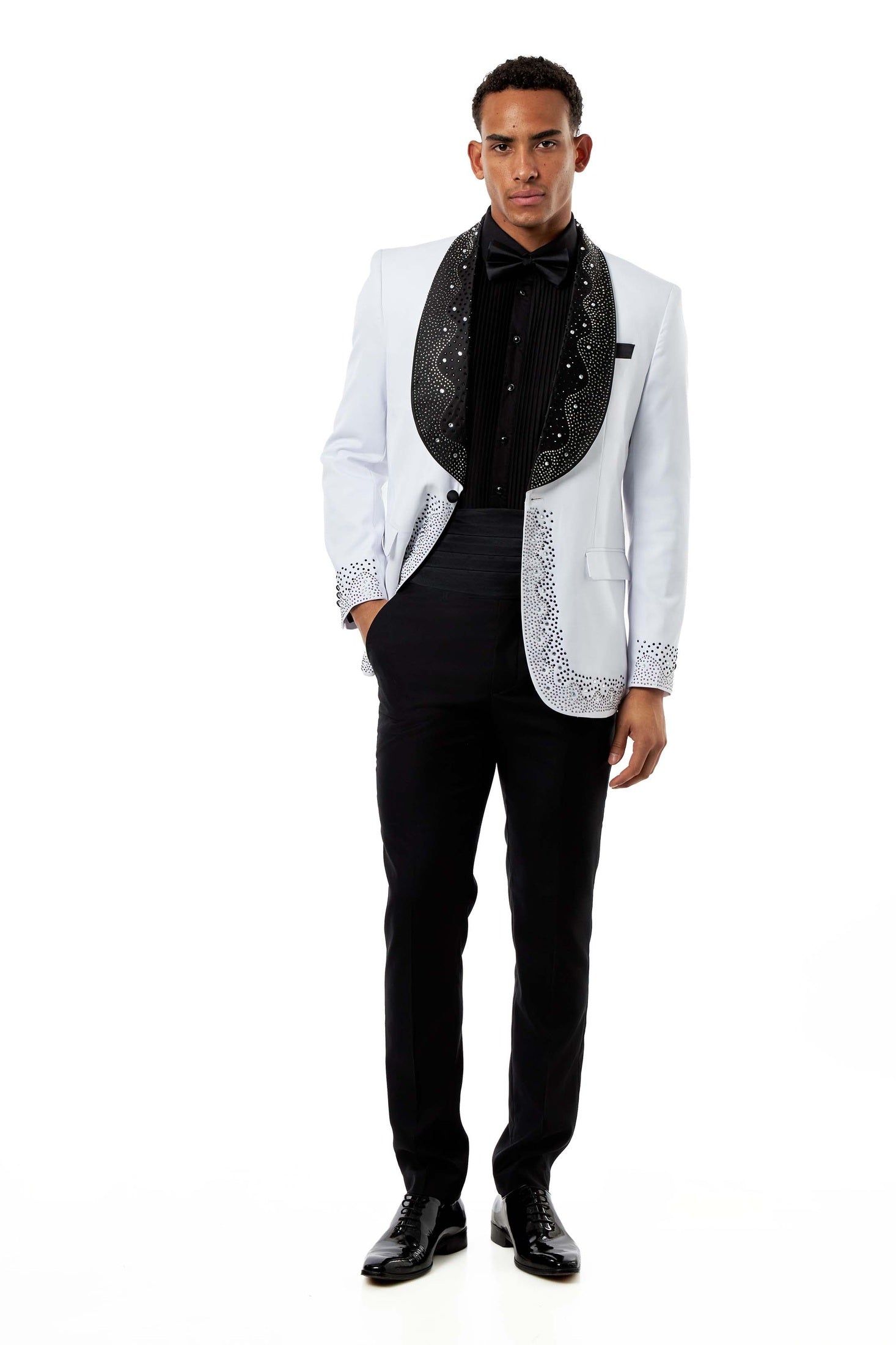 White Tuxedo Wedding Jacket Rhinestone Lapel