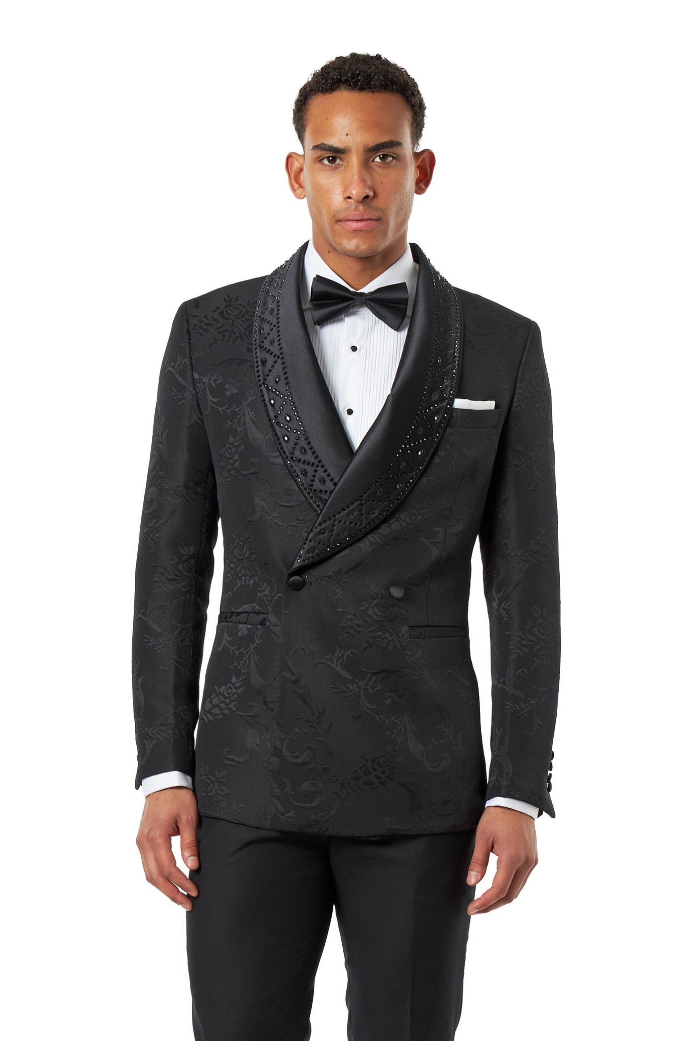 Black Double Breasted Tuxedo Jacket Studded Shawl Lapel Jacquard Blazer