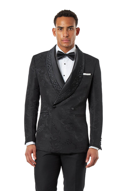 Black Double Breasted Tuxedo Jacket Studded Shawl Lapel Jacquard Blazer
