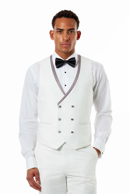 Ivory Double-Breasted Grey Satin Trim Wedding Waistcoat