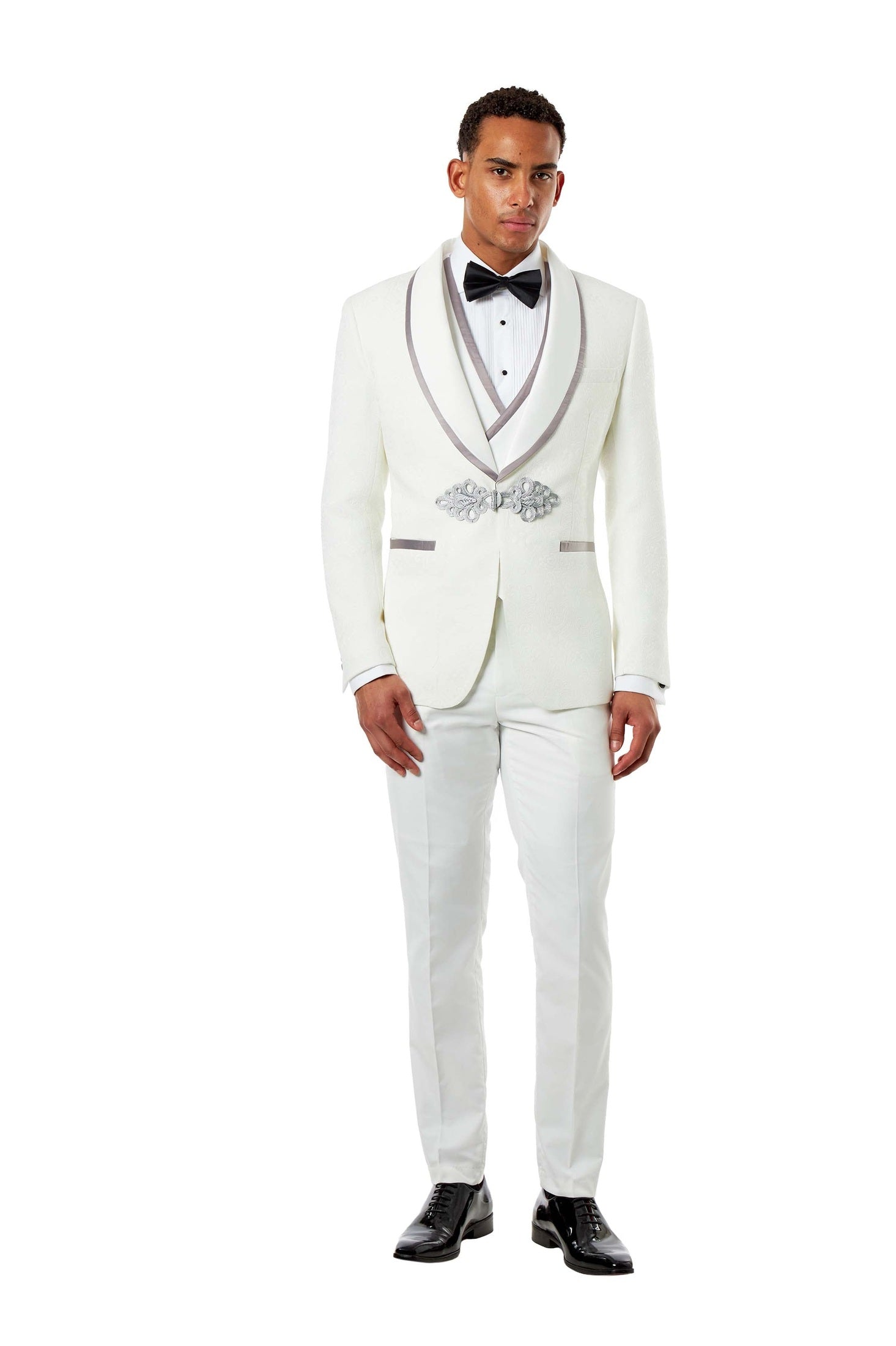 Ivory Jacquard 3 Piece Wedding Tuxedo Suit Tailored Fit