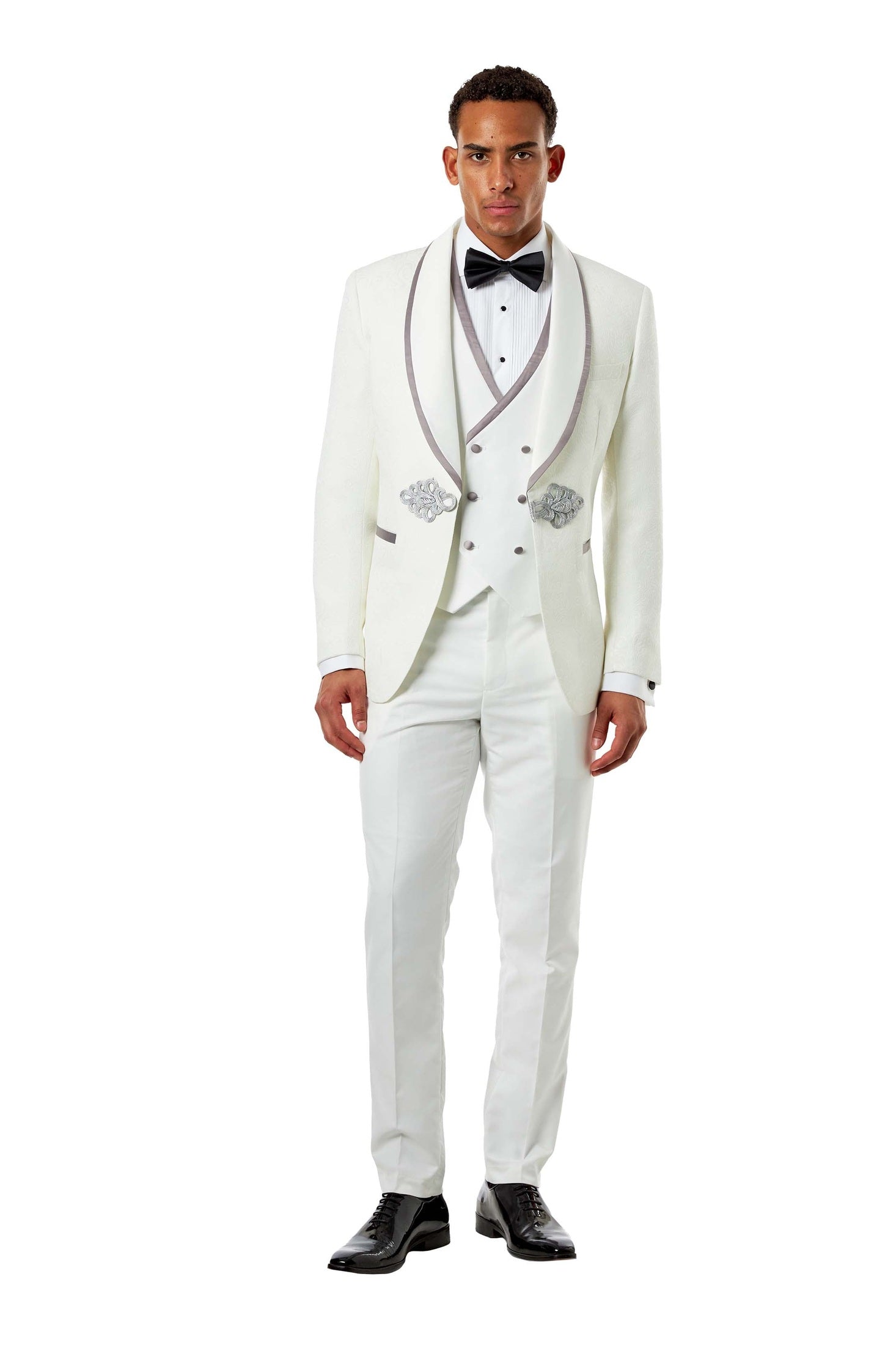 Ivory Jacquard 3 Piece Wedding Tuxedo Suit Tailored Fit