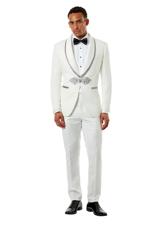 Ivory Jacquard Satin Trim Tuxedo 2-Piece Wedding Suit