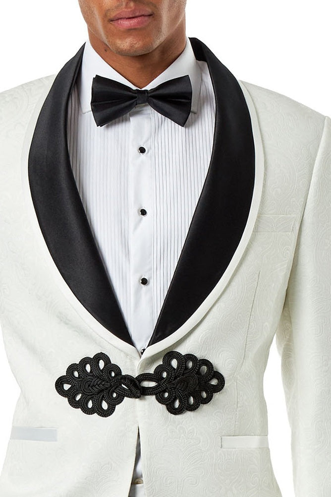 Ivory Jacquard Black Satin Lapel Tuxedo Jacket