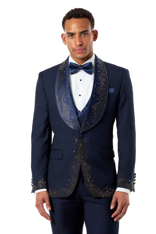 Navy Tuxedo Wedding Jacket Rhinestone Lapel