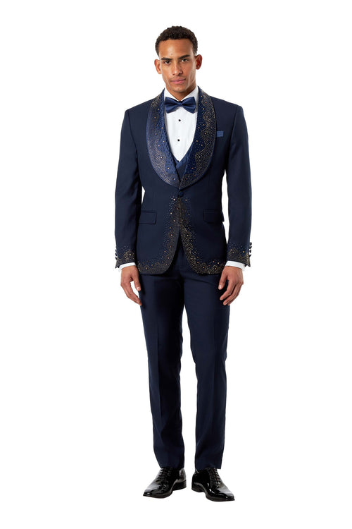 Navy Rhinestone Shawl Lapel Tuxedo 3-Piece Wedding Suit