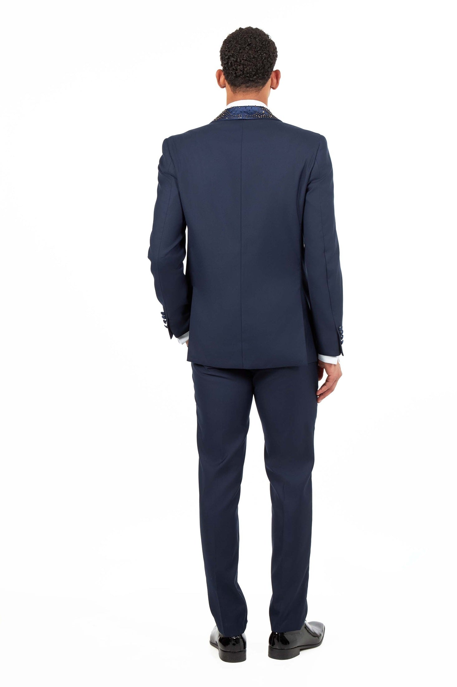 Navy Rhinestone Shawl Lapel Tuxedo 3-Piece Wedding Suit