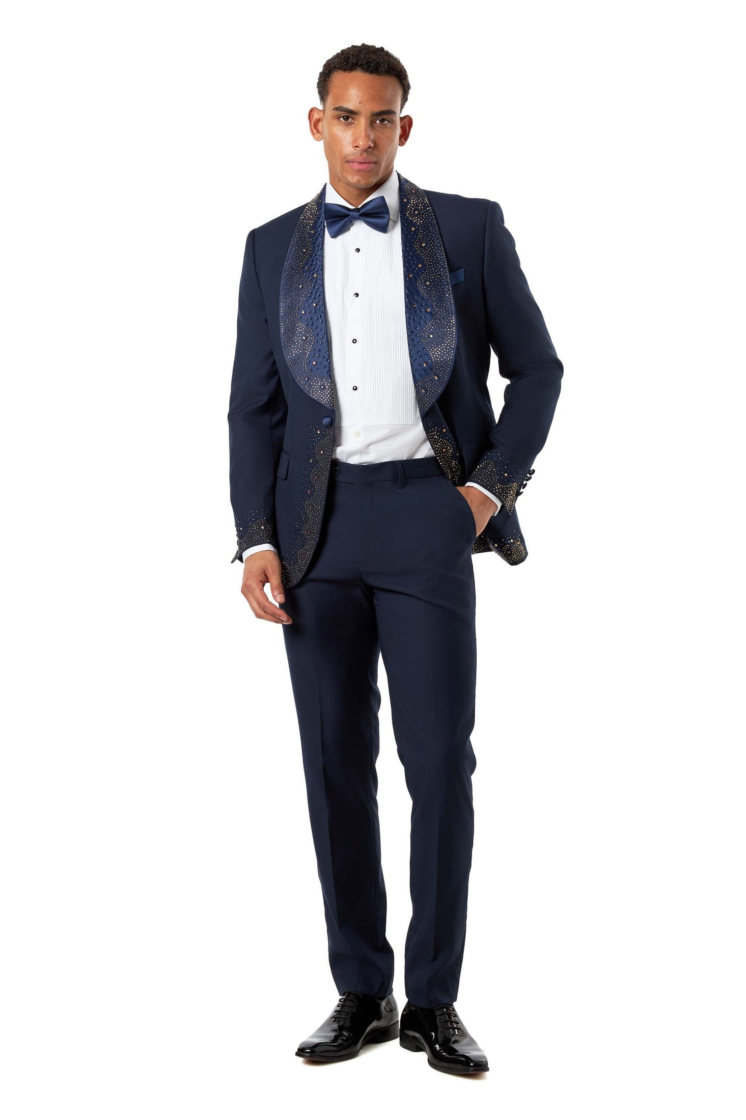 Navy Rhinestone Shawl Lapel Tuxedo 3-Piece Wedding Suit