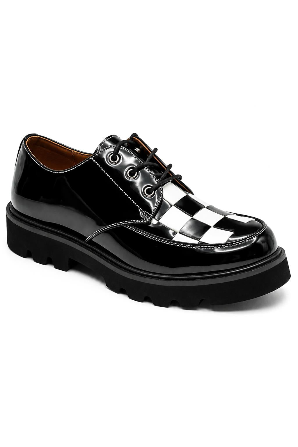 Men's Shiny Patent Black & White Mod-Style Chunky Derby Shoes