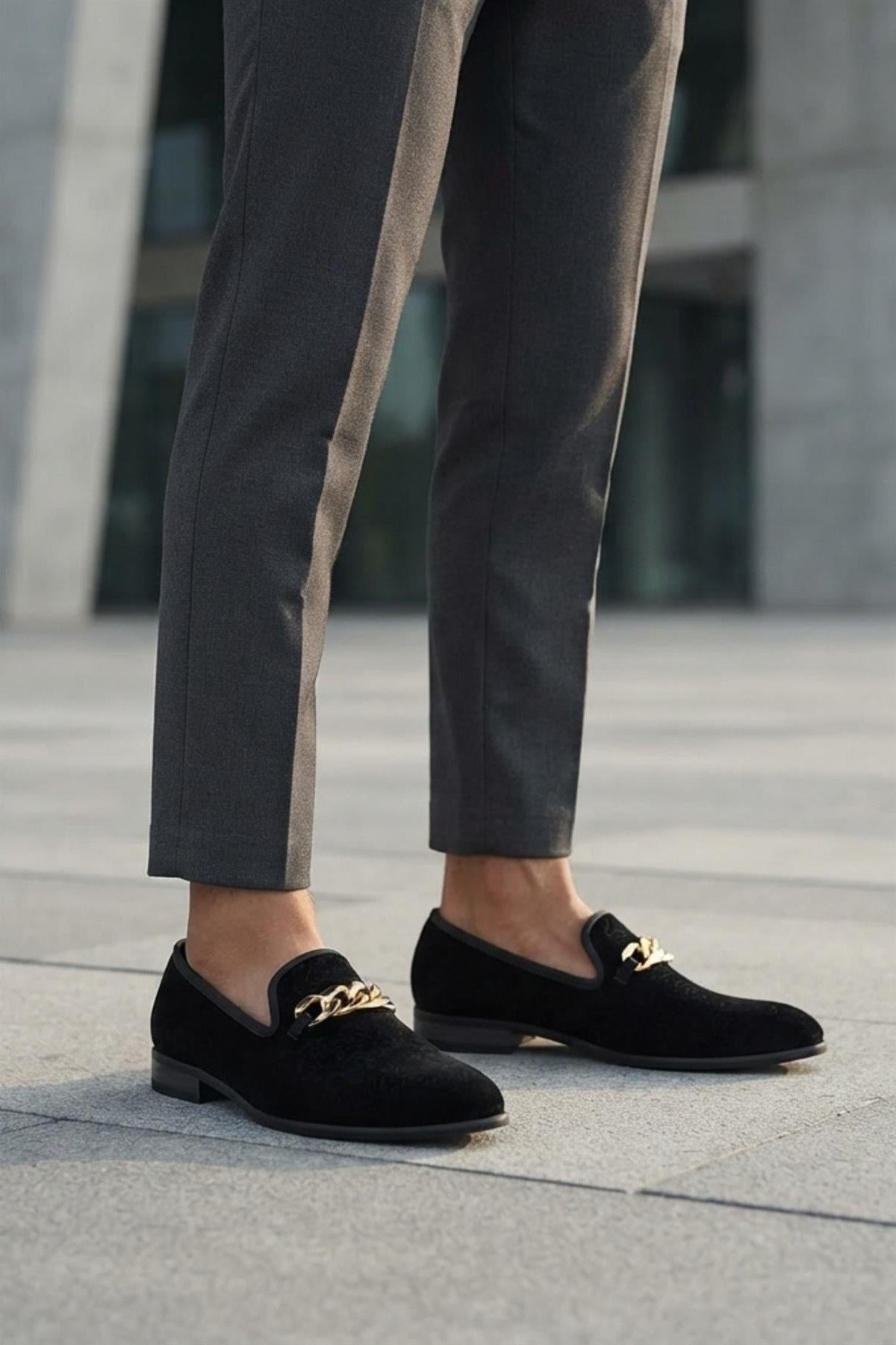 Men's Black Floral Velvet Gold Chain Wedding Loafers