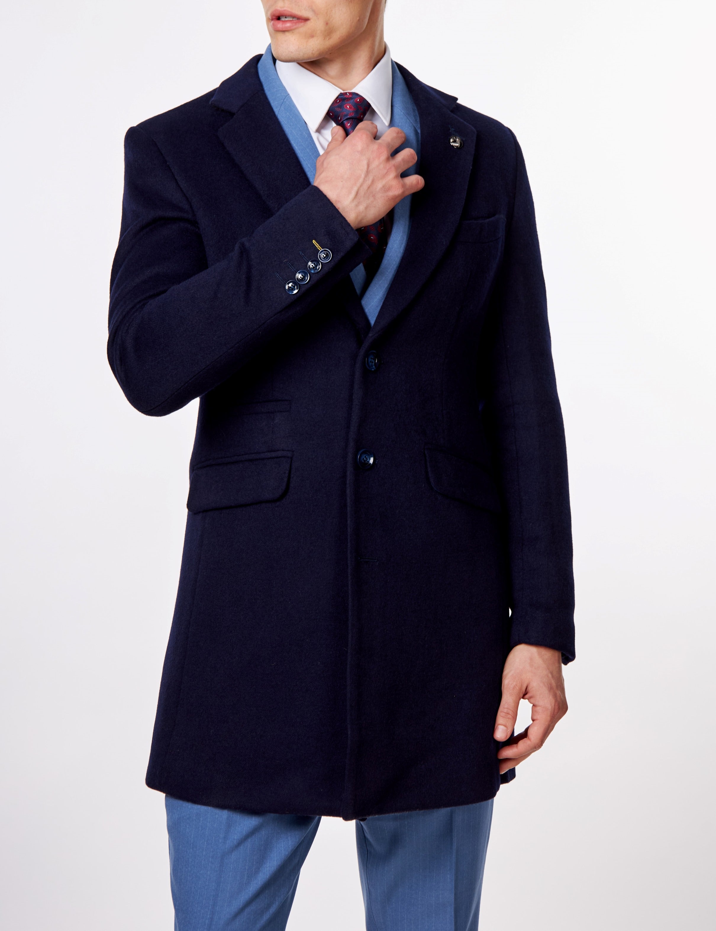 NATE - NAVY LONG WOOL BLEND OVERCOAT