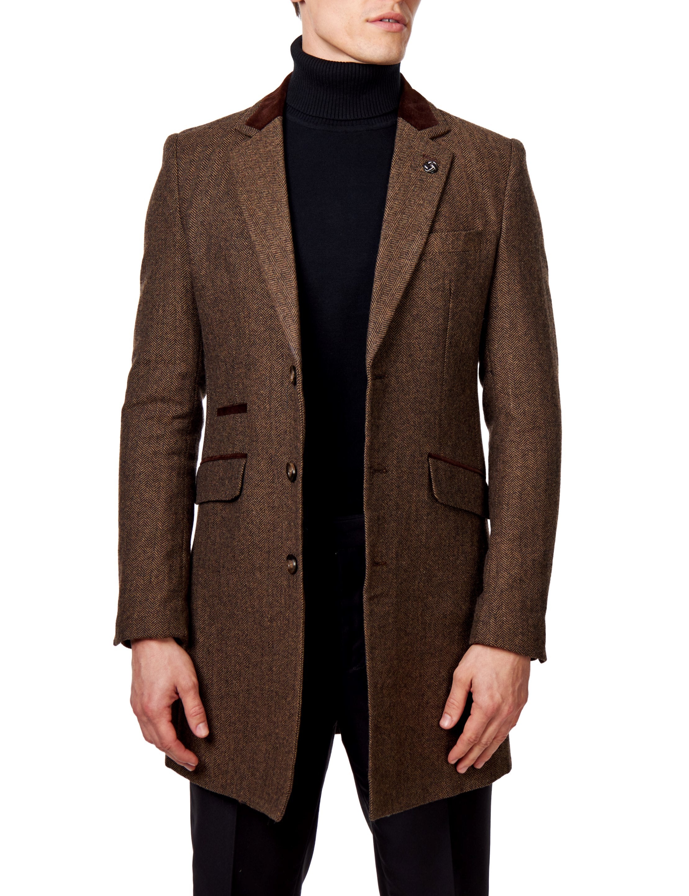 Men's Wool Blend Tweed Herringbone Long Coat Overcoat in Brown