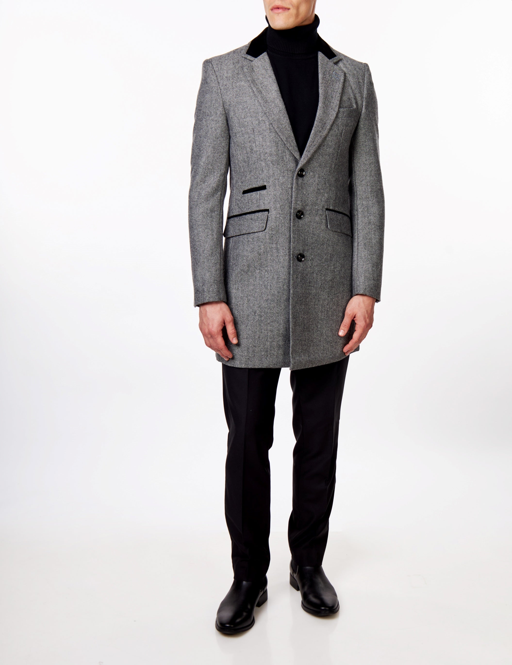 COSMO – HERRINGBONE WOOL BLEND LONG OVERCOAT IN GREY