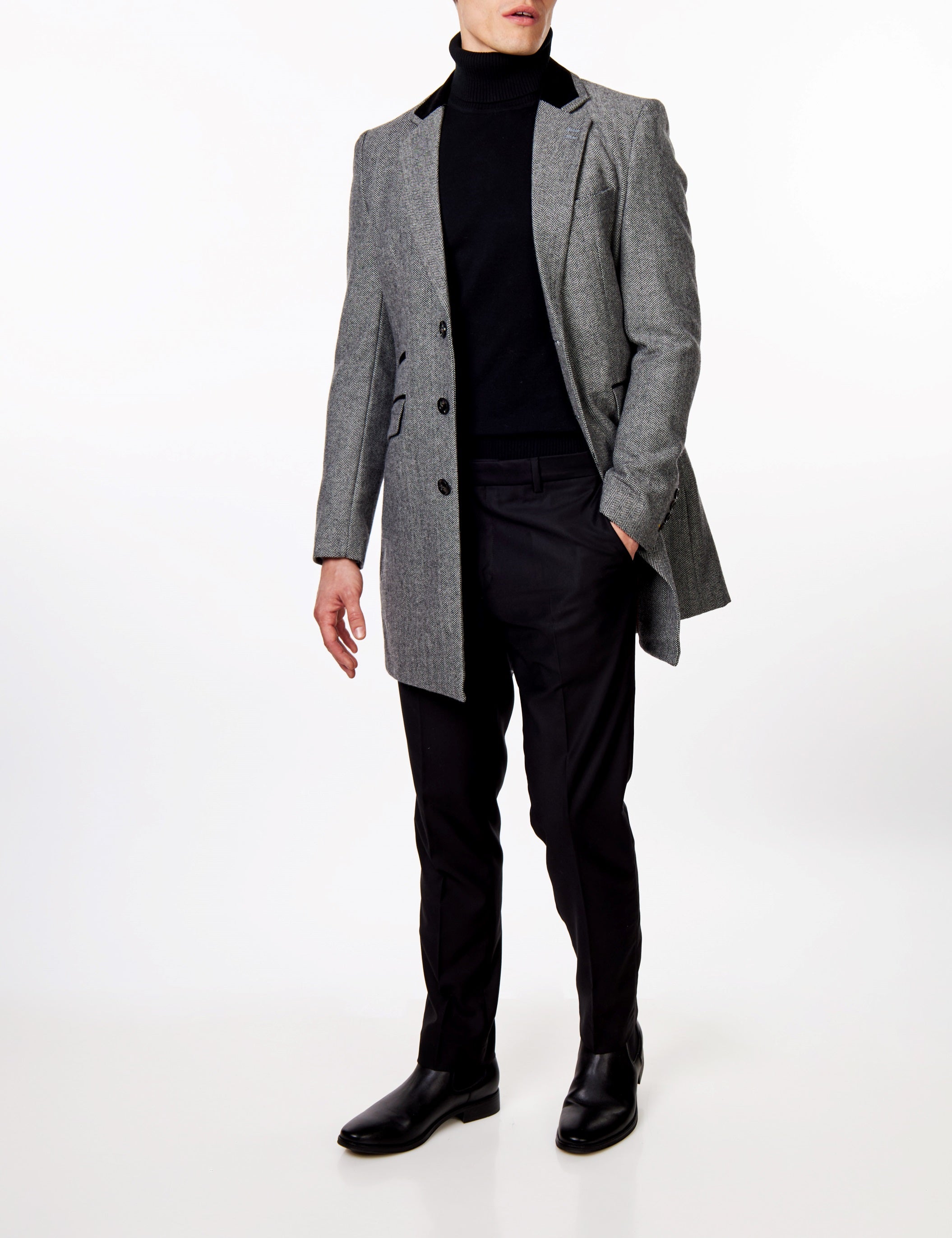 COSMO – HERRINGBONE WOOL BLEND LONG OVERCOAT IN GREY