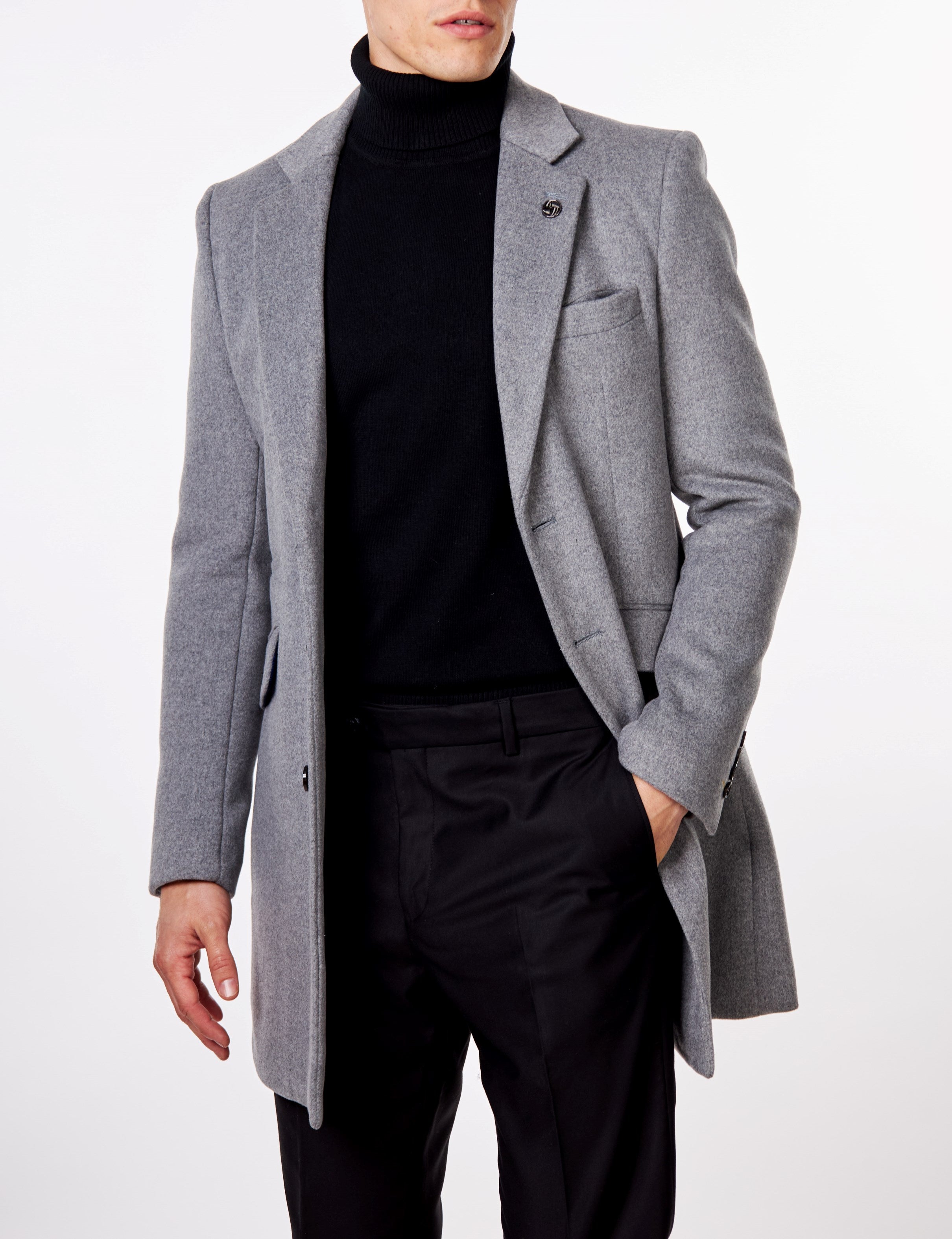 NATE - GREY LONG WOOL BLEND OVERCOAT