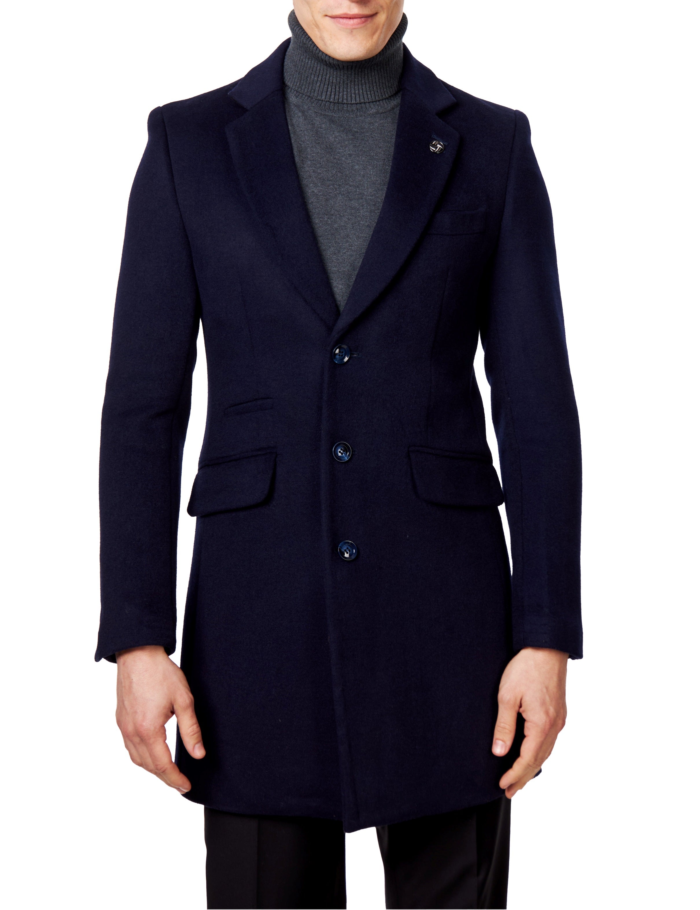 NATE - NAVY LONG WOOL BLEND OVERCOAT