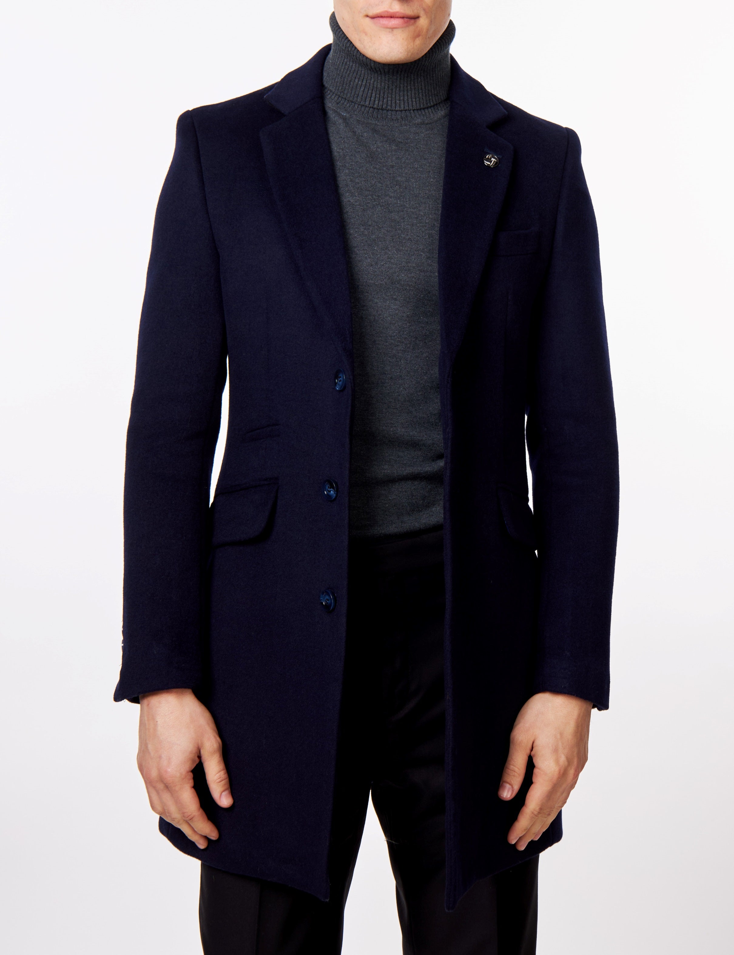 NATE - NAVY LONG WOOL BLEND OVERCOAT