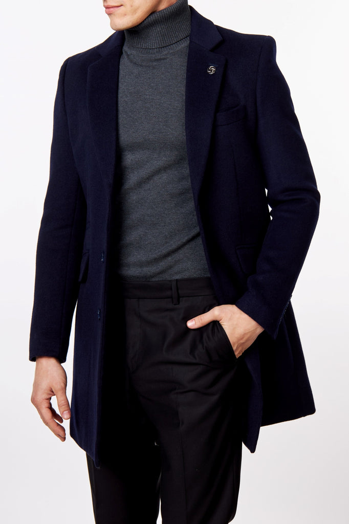 Men's Long Overcoat Wool Blend Navy Tailored Fit Length Coat