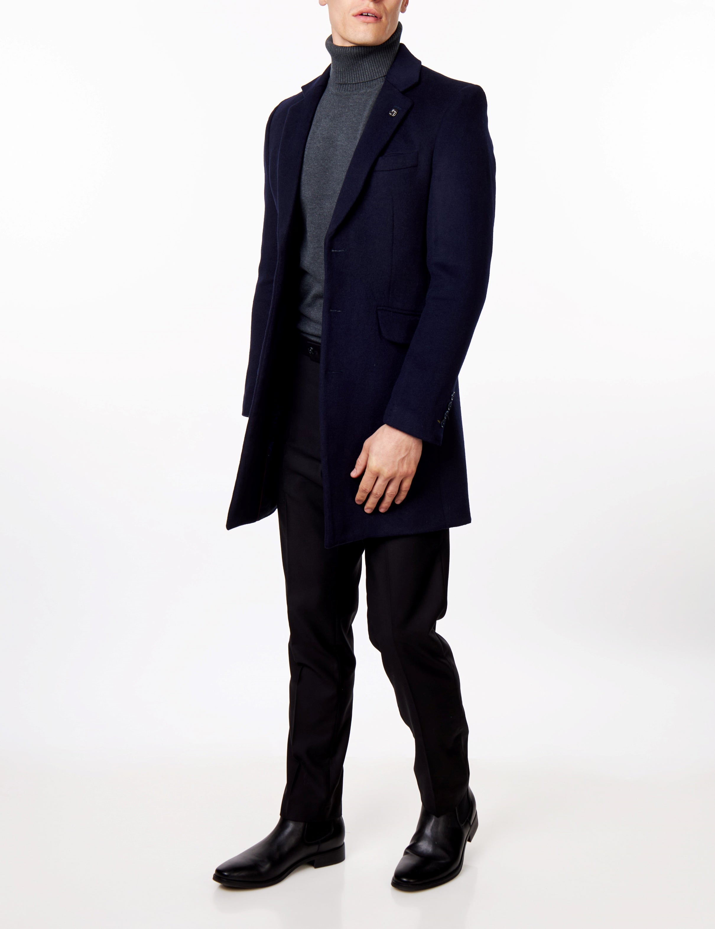 NATE - NAVY LONG WOOL BLEND OVERCOAT