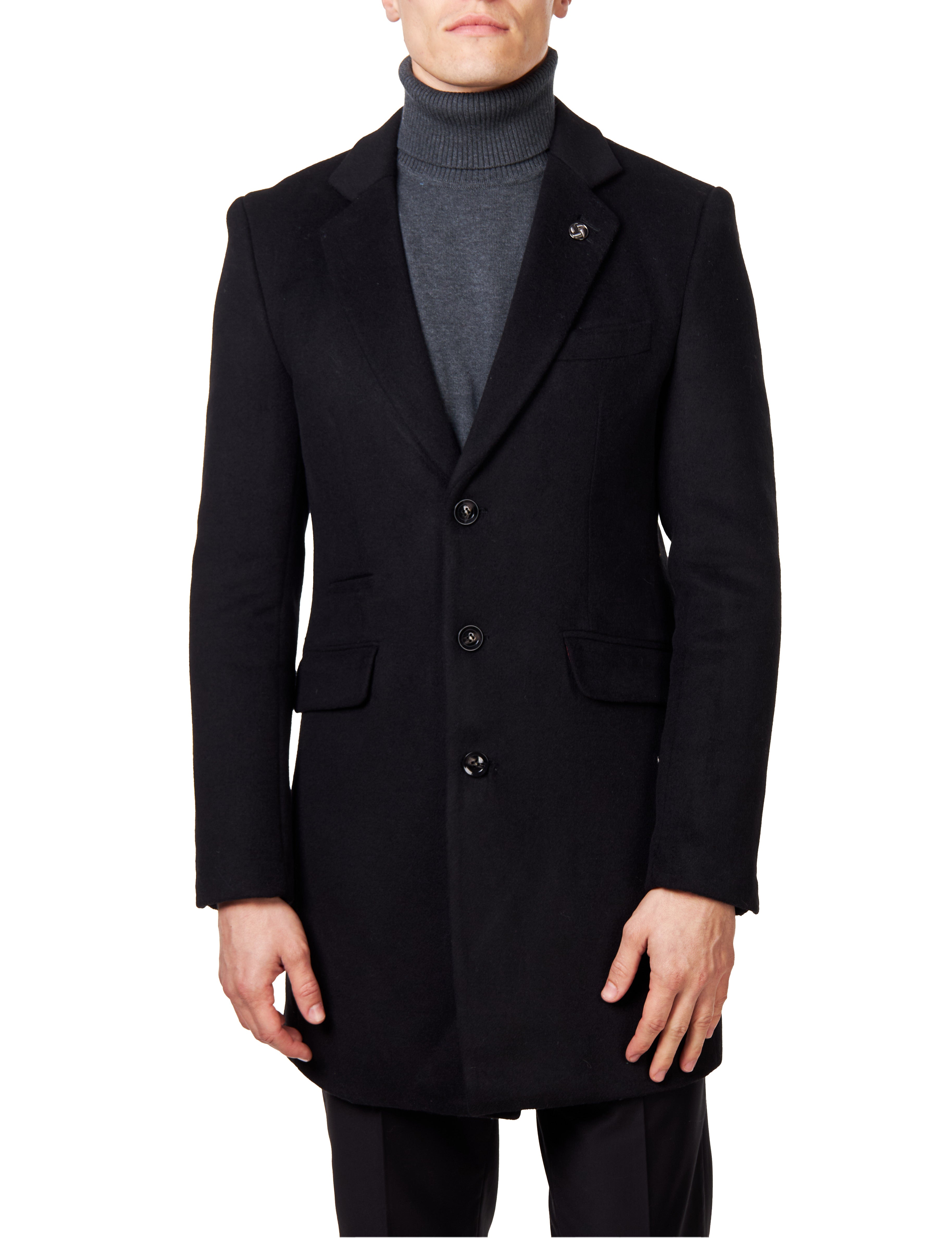 NATE - BLACK WOOL BLEND LONG OVERCOAT