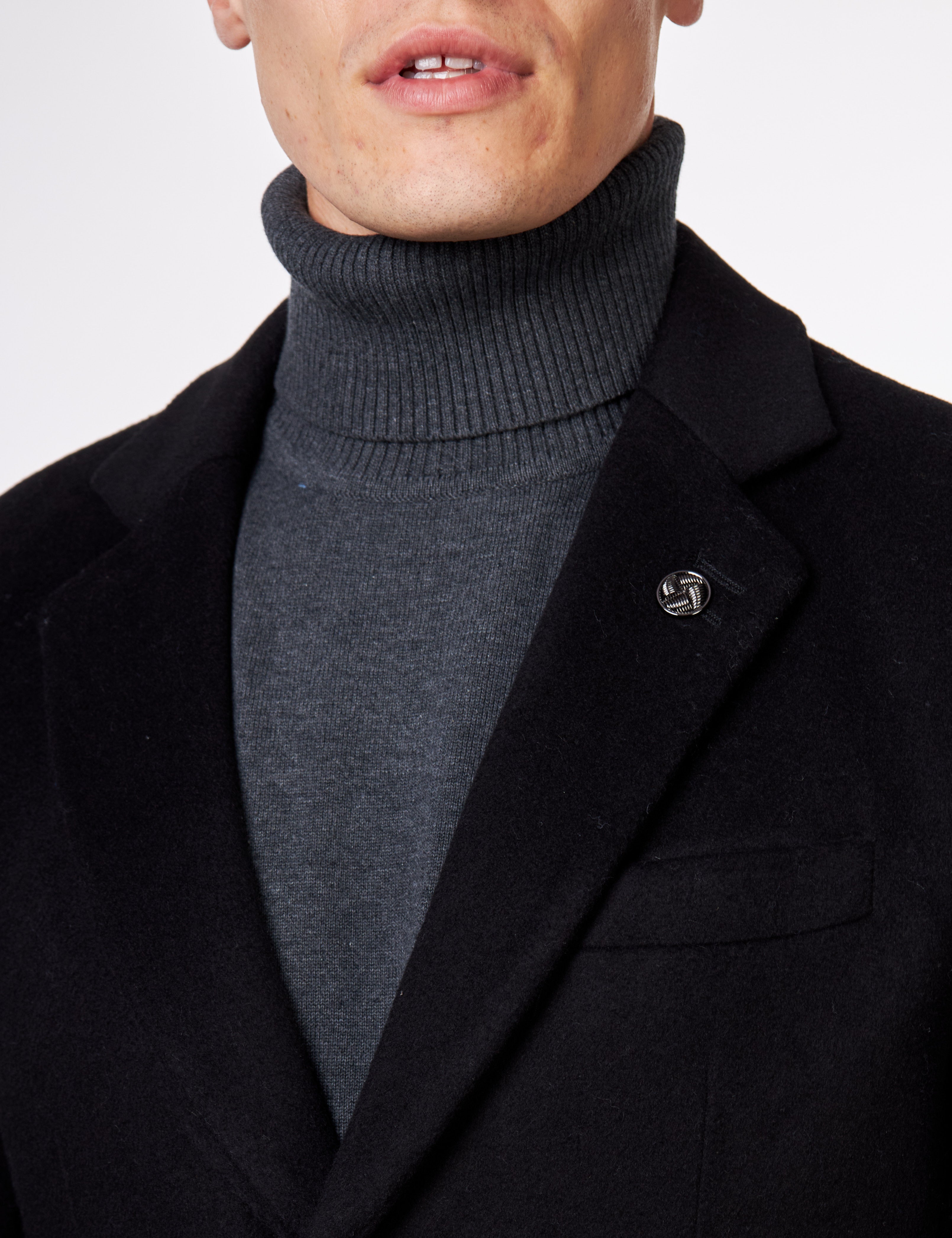 NATE - BLACK WOOL BLEND LONG OVERCOAT