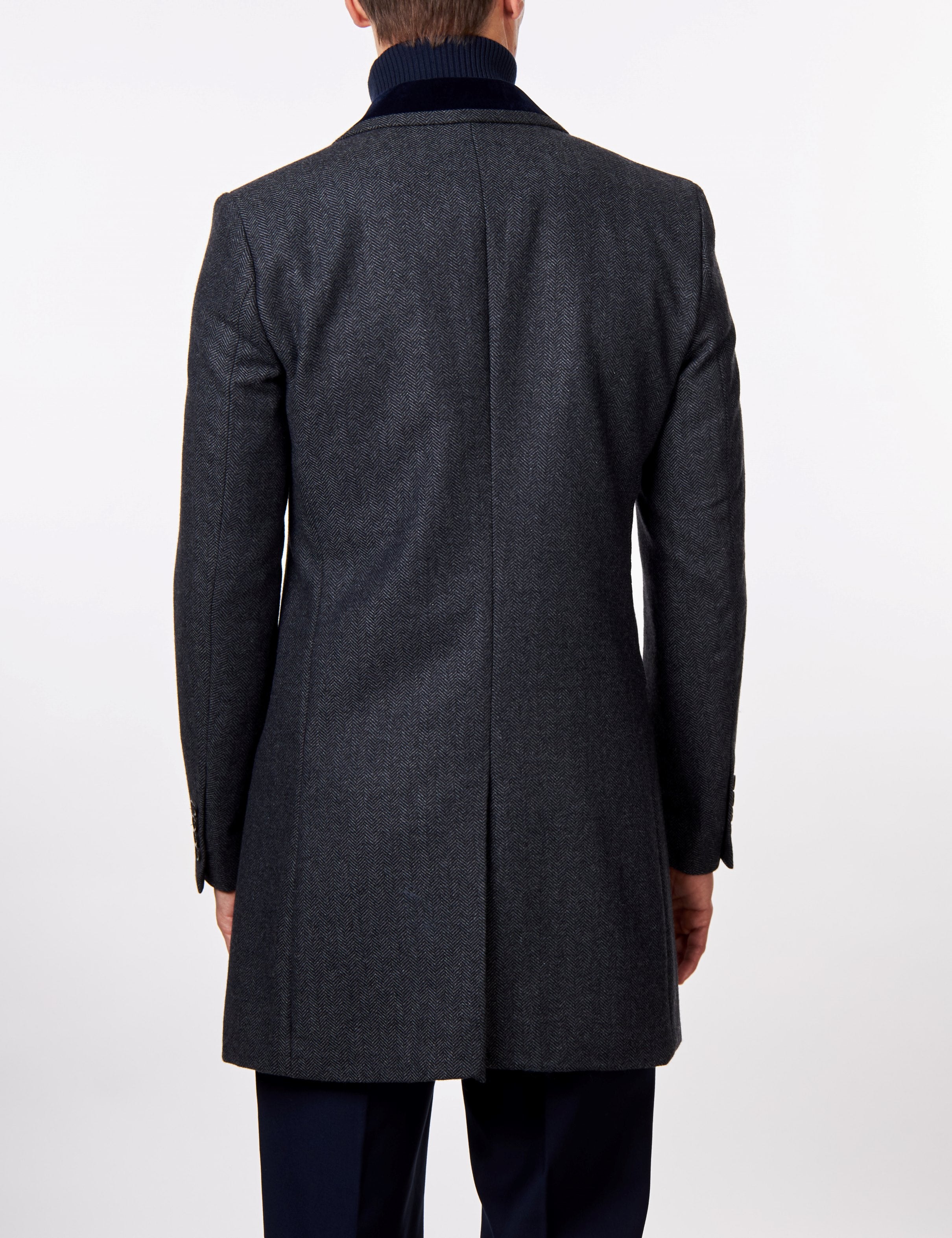 COSMO – GREY HERRINGBONE WOOL BLEND LONG OVERCOAT