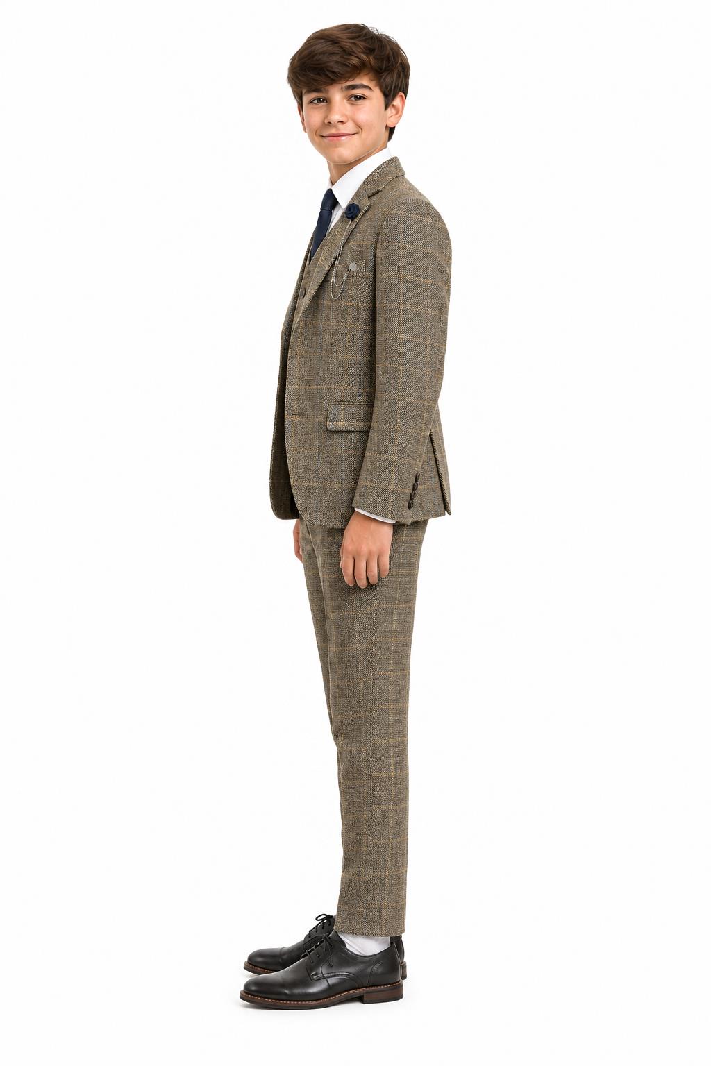 Boys Tan Brown Tweed Check 3 Piece Suit with Lapel Pin