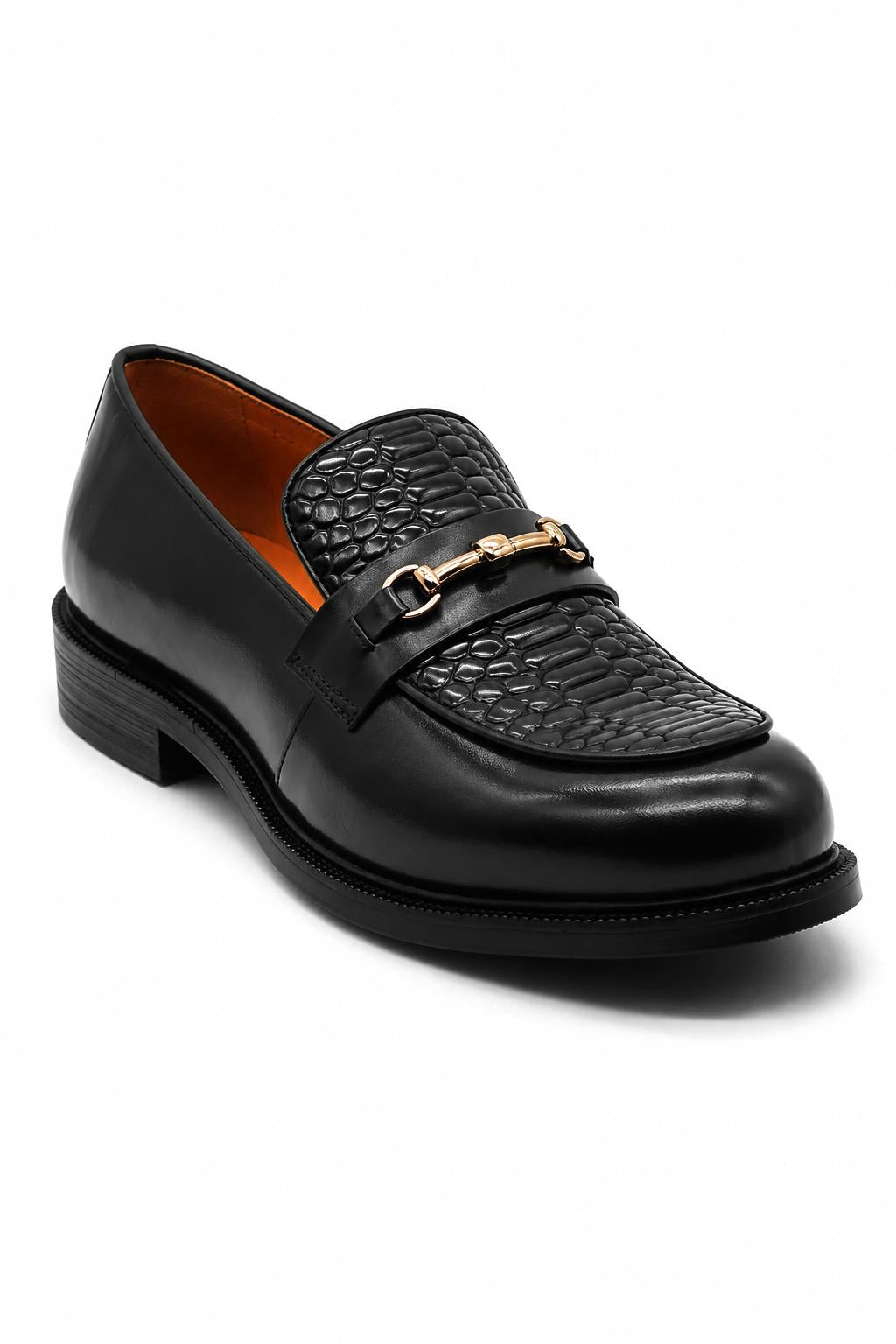 ASCOT Men’s Black Snake-Effect Leather Snaffle Loafers