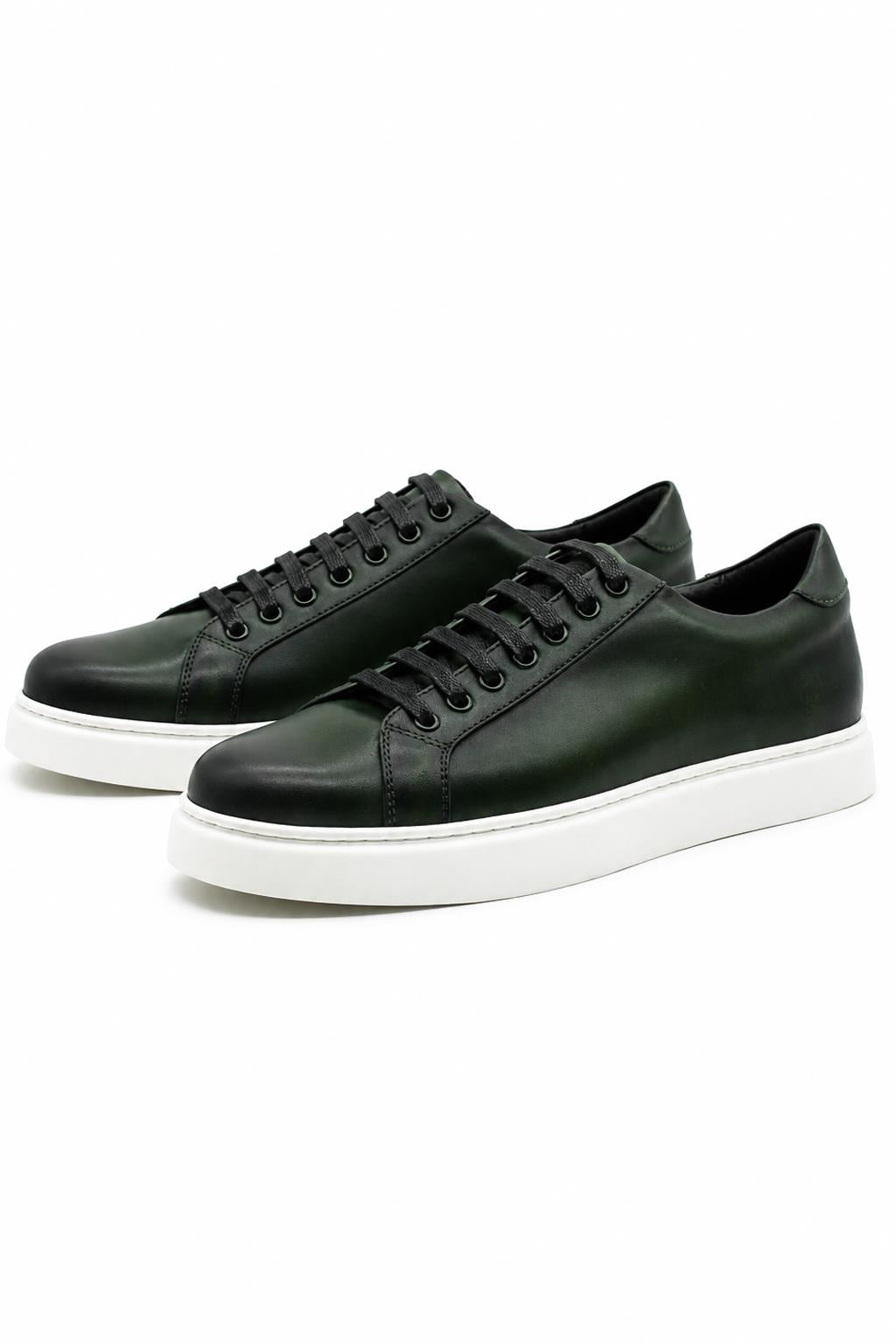 Men's Green Real Leather Lace-Up Trainers White Sole