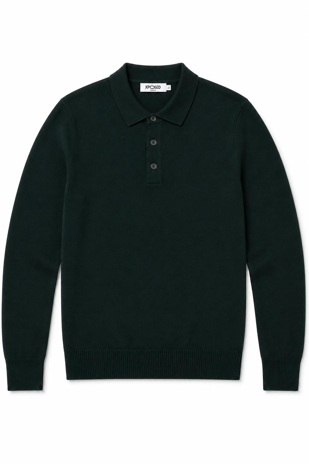 Men's Green 100% Cotton Fine Knit Button Neck Polo Jumper