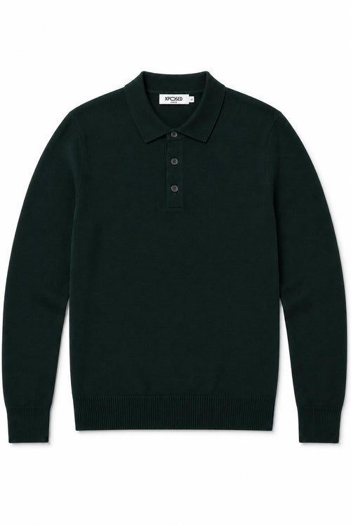 Men's Green 100% Cotton Fine Knit Button Neck Polo Jumper