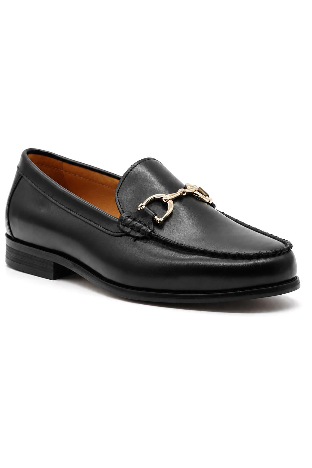 ARLO Men’s Black Polished Leather Gold Buckle Dress Loafers