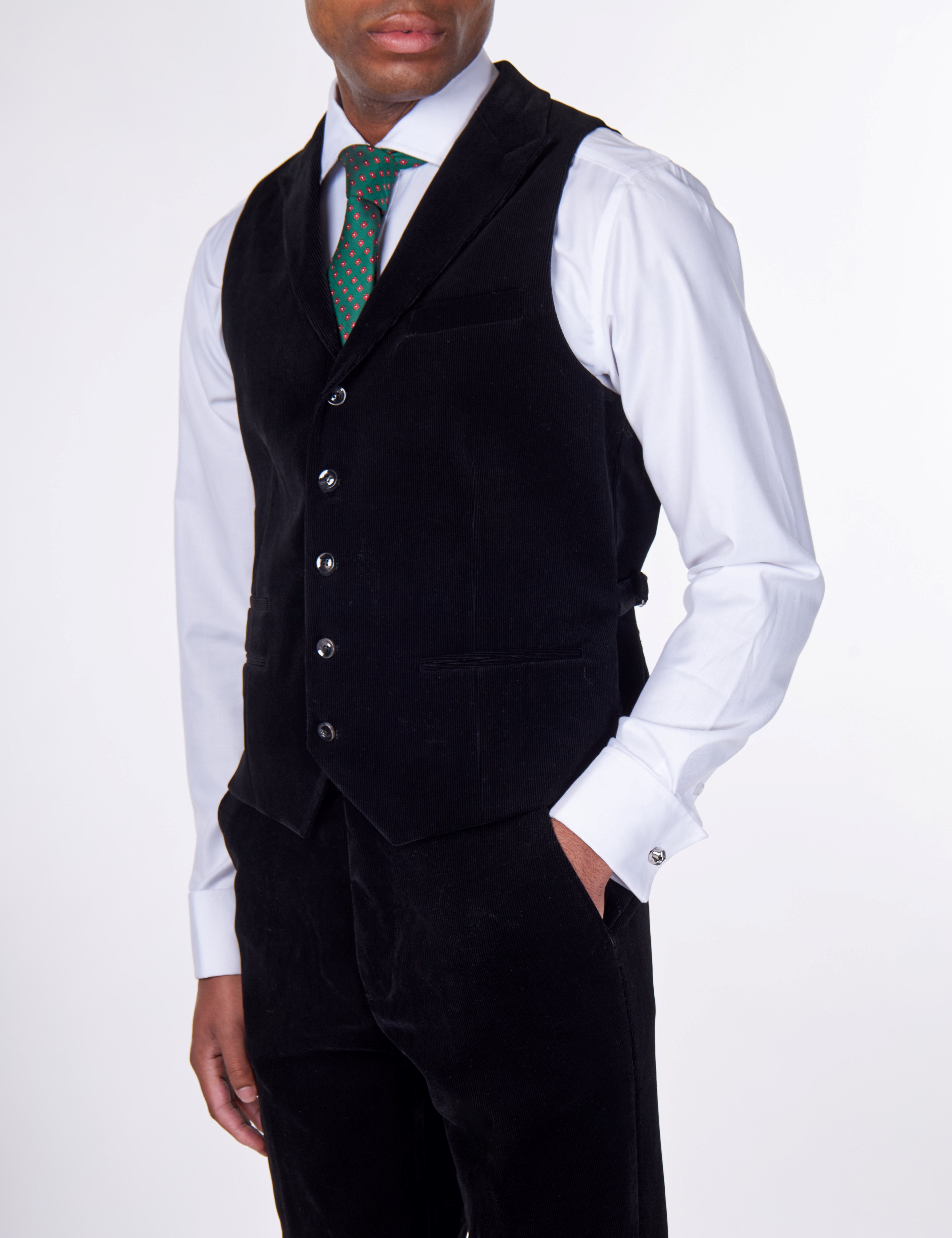 CORDUORY BLACK TAILORED FIT JACKET & WAISTCOAT