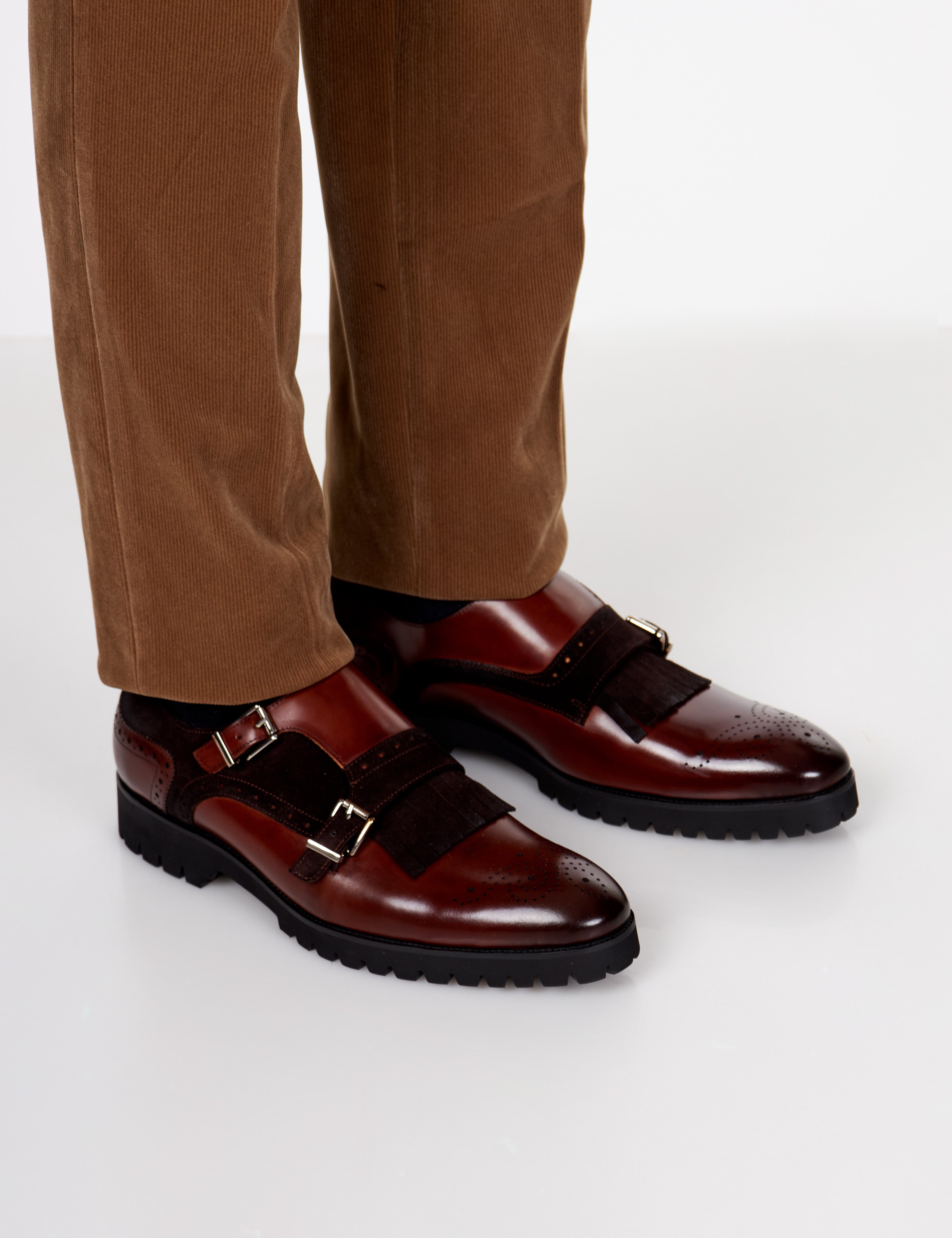 BROWN LEATHER & SUEDE DOUBLE MONK SHOES