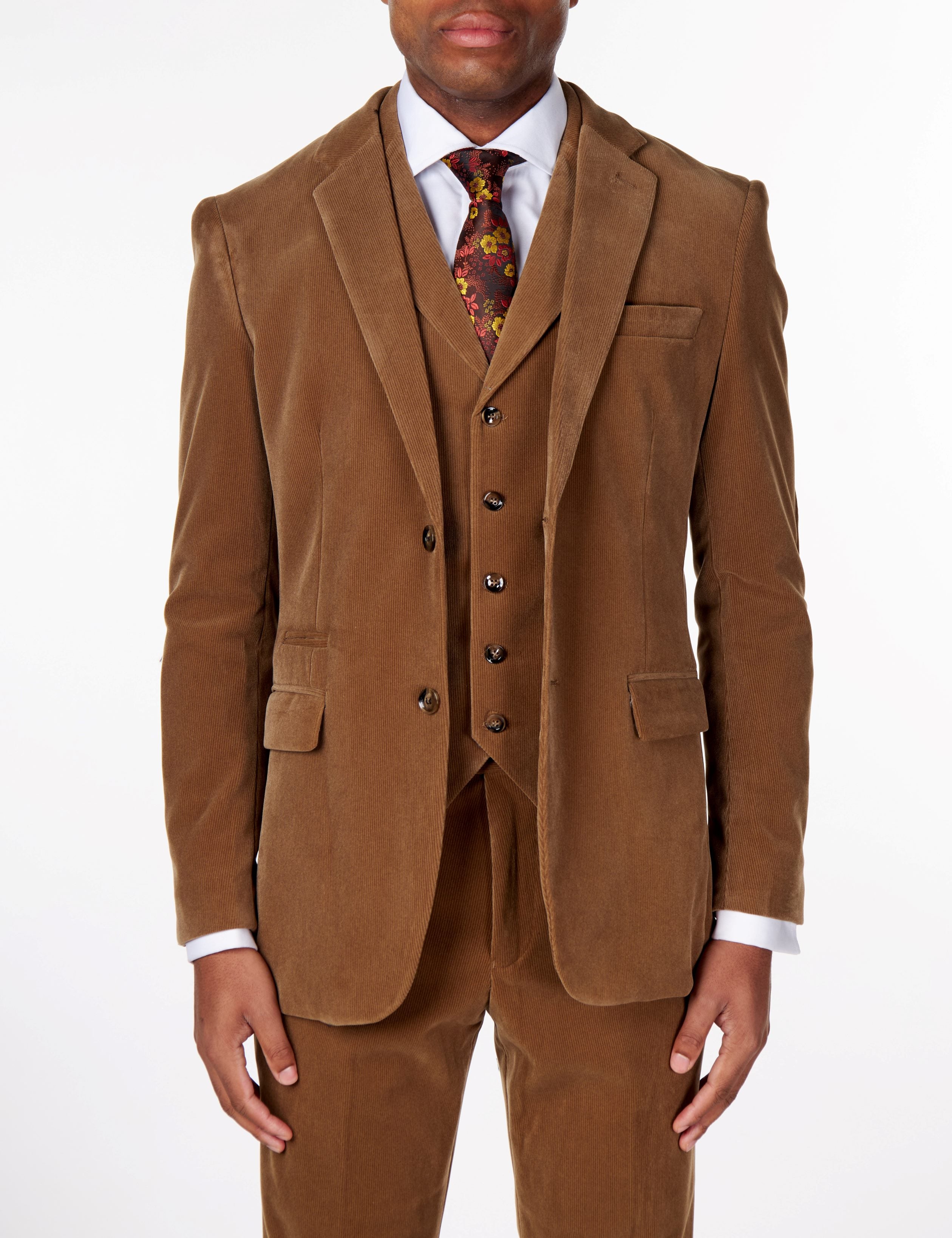 CORDUORY TAN TAILORED FIT JACKET & WAISTCOAT