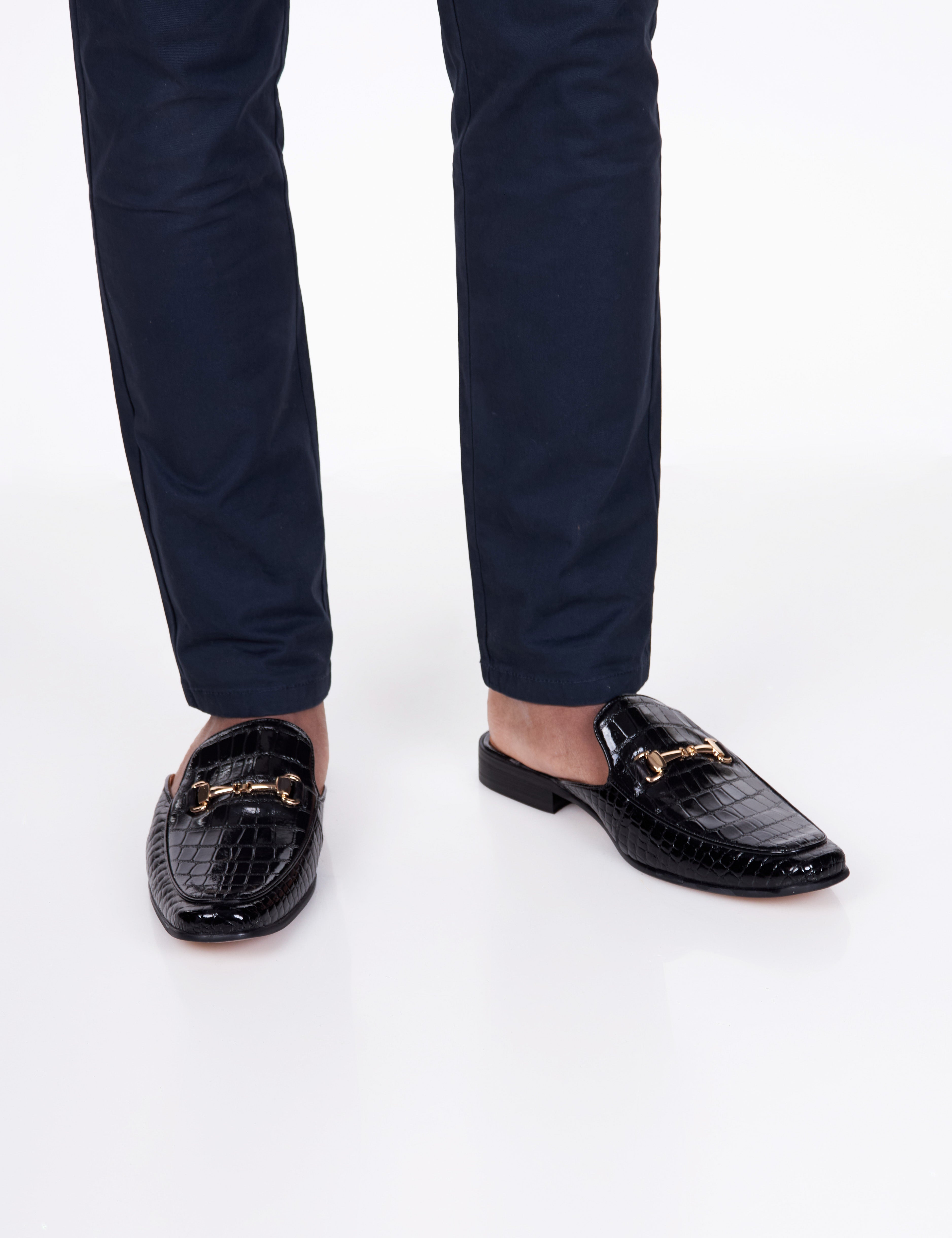 REAL LEATHER SHINY PRINTED HALF SHOES IN BLACK
