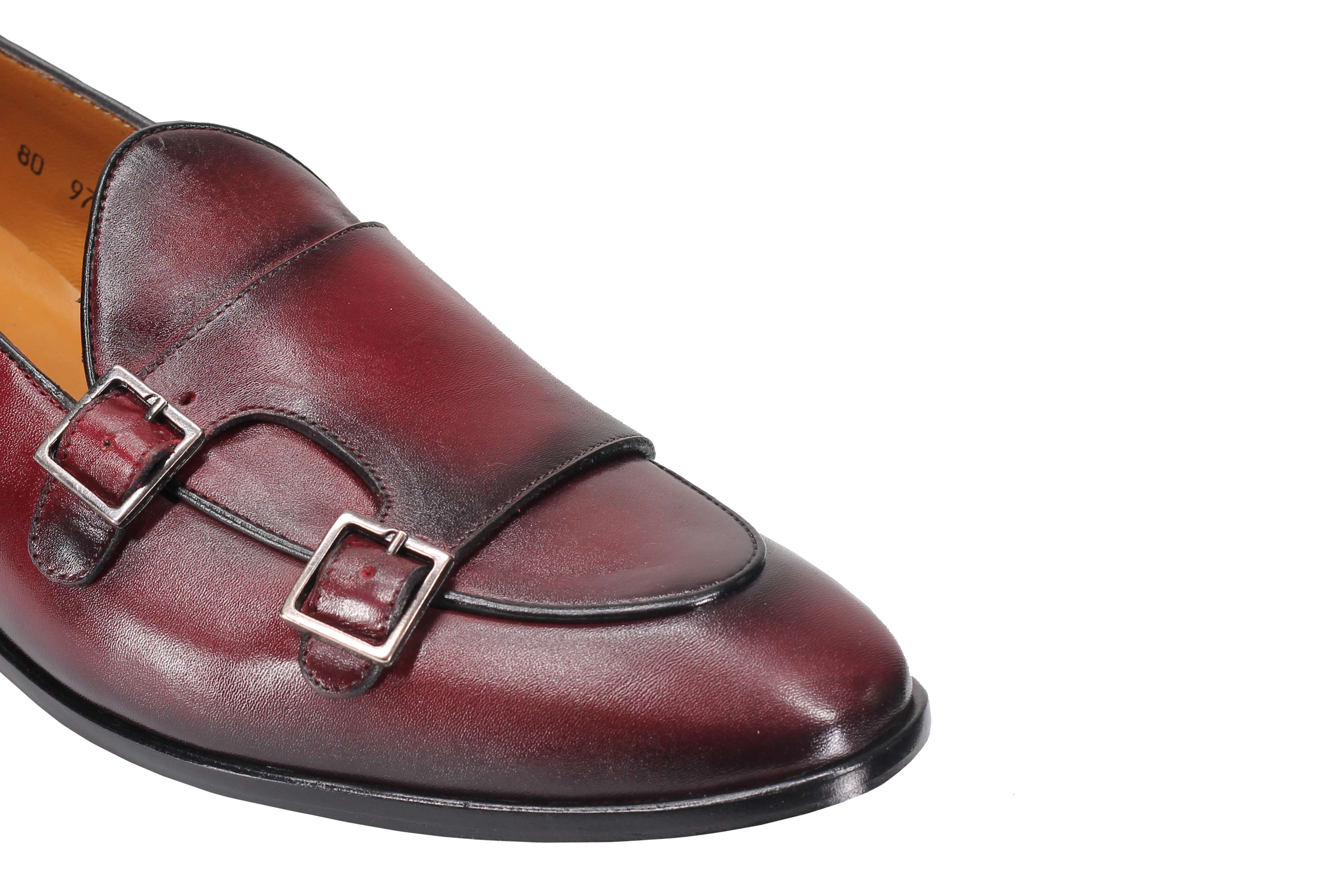 Real Leather Double Monk Shoes in Wine