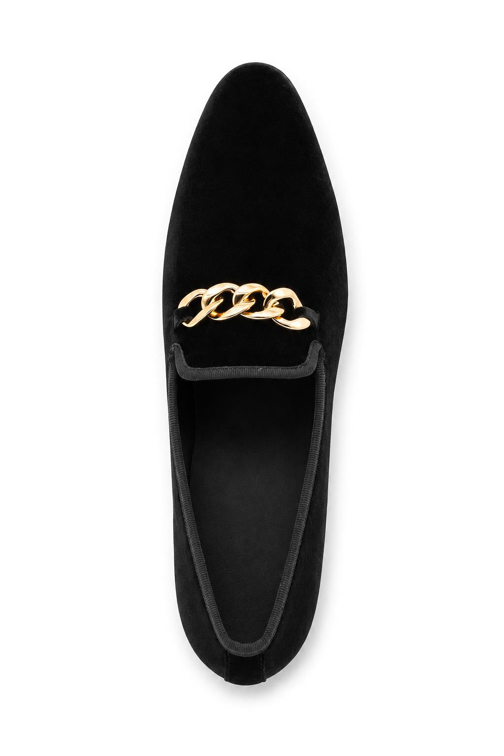 Men's Black Smooth Velvet Gold Chain Dress Loafers