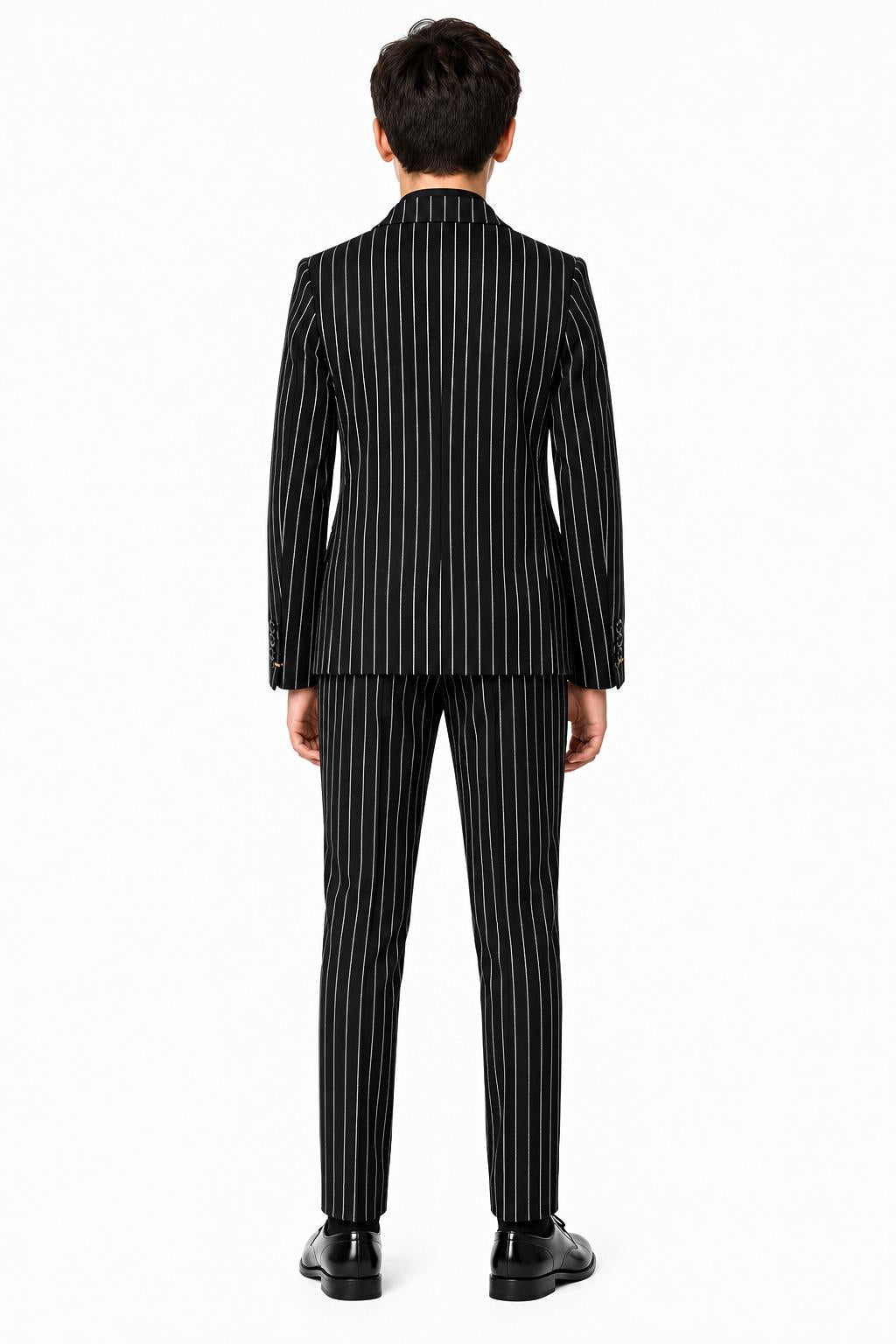 Boys Alfred Black & White Pinstripe Double Breasted 2 Piece Suit with Lapel Pin