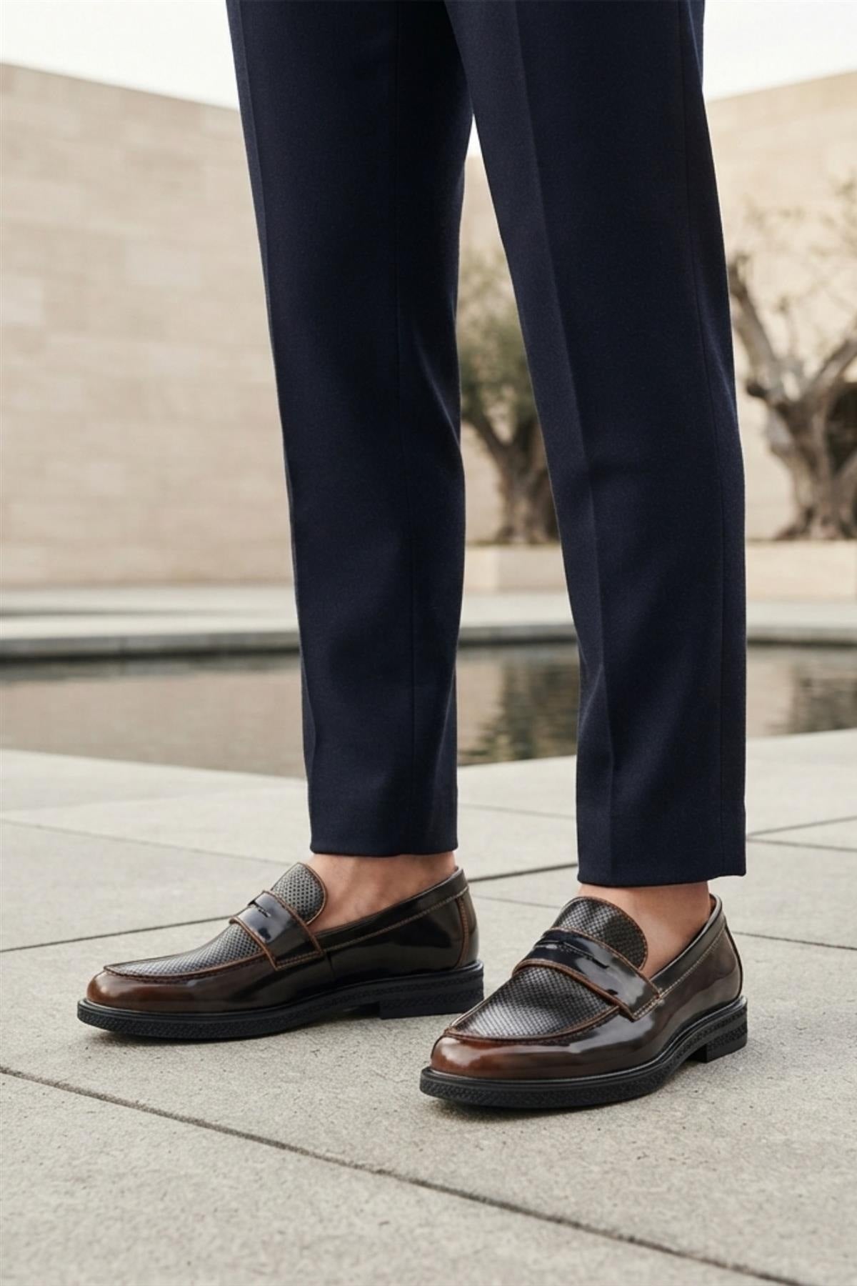 Men’s Brown Patent Pin-Dot Penny Loafers