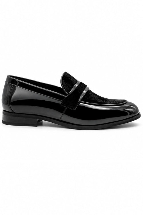 Men's Black Floral Velvet Patent Dress Loafers