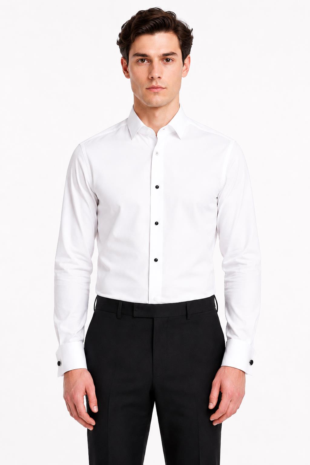 Men's White Formal Shirt with Black Buttons & Pocket Square