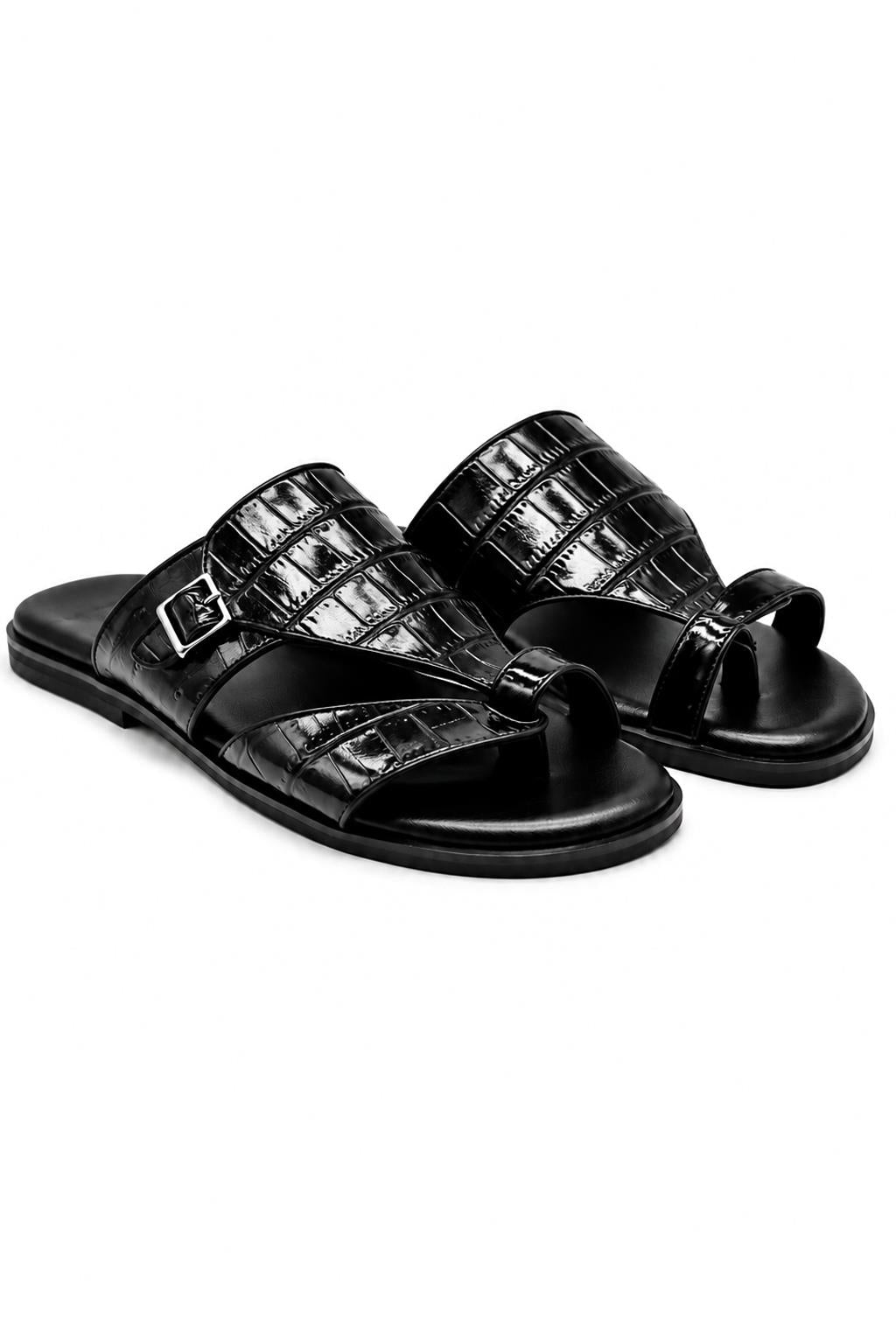 Men's Black Handmade Real Leather Croc-Effect Sandals