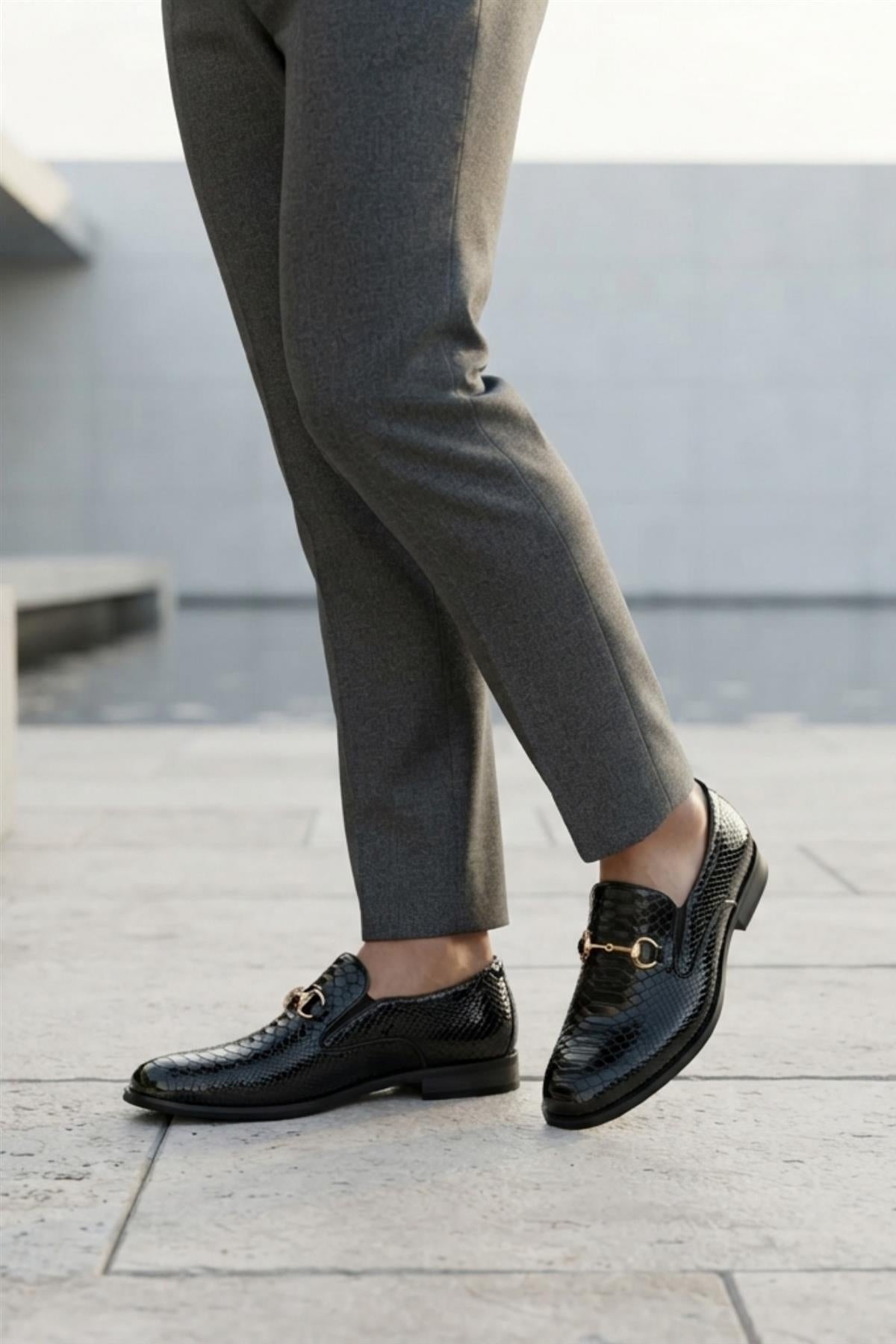 Men’s Black Patent Slip-On Loafers with Gold Snaffle Buckle