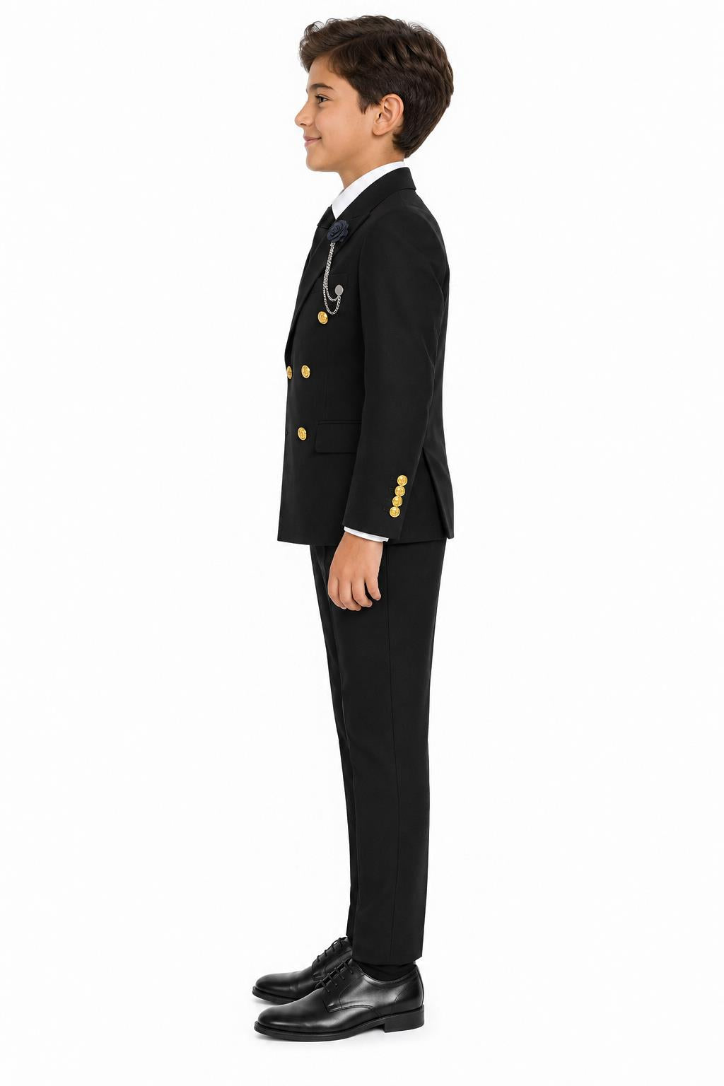 Boys Black Double Breasted 2 Piece Suit with Gold Buttons & Lapel Pin