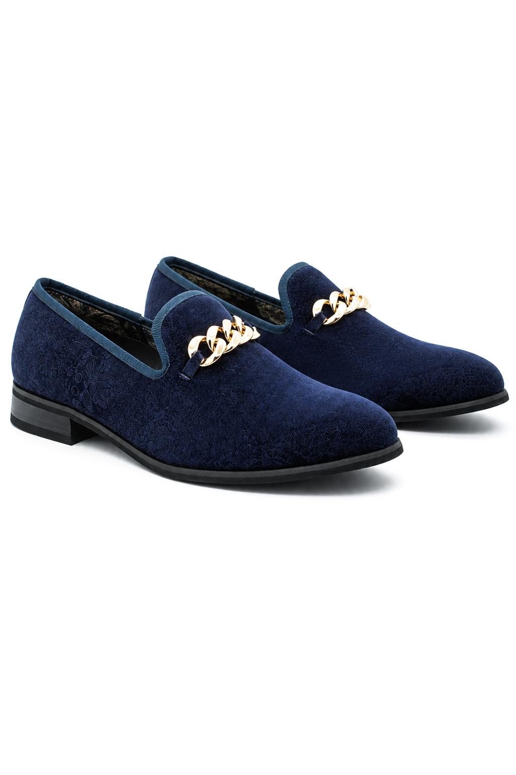 Men's Navy Floral Velvet Gold Chain Wedding Loafers