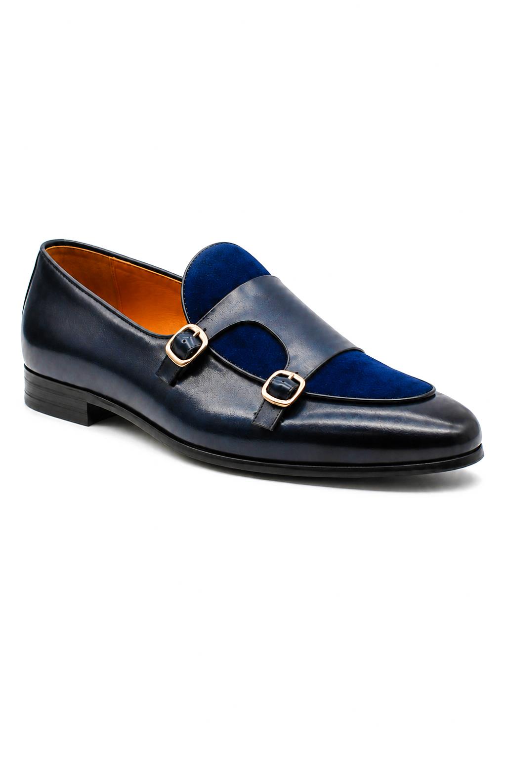 SOREN Men’s Navy Blue Leather & Suede Double Monk Shoes