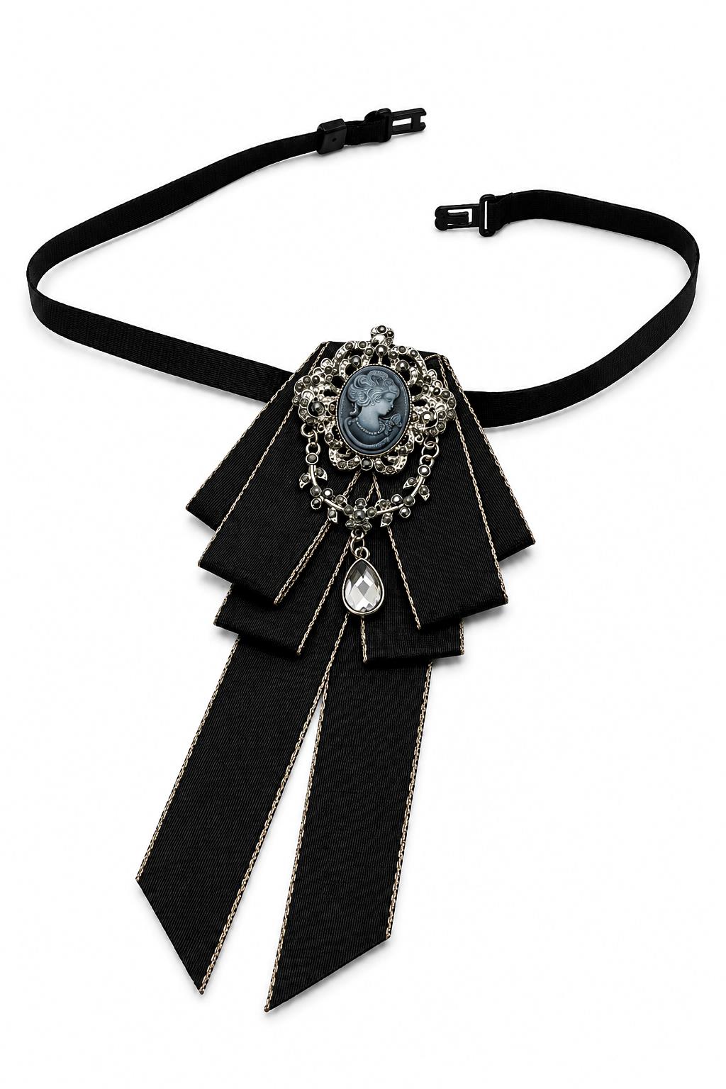 Men’s Black Cameo Jewelled Short Ribbon Brooch Bow Tie