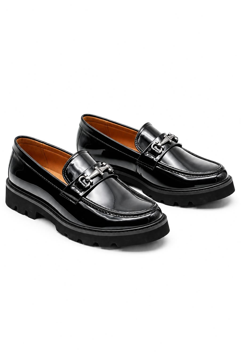 Men's Black Patent Faux Leather Snaffle Loafers