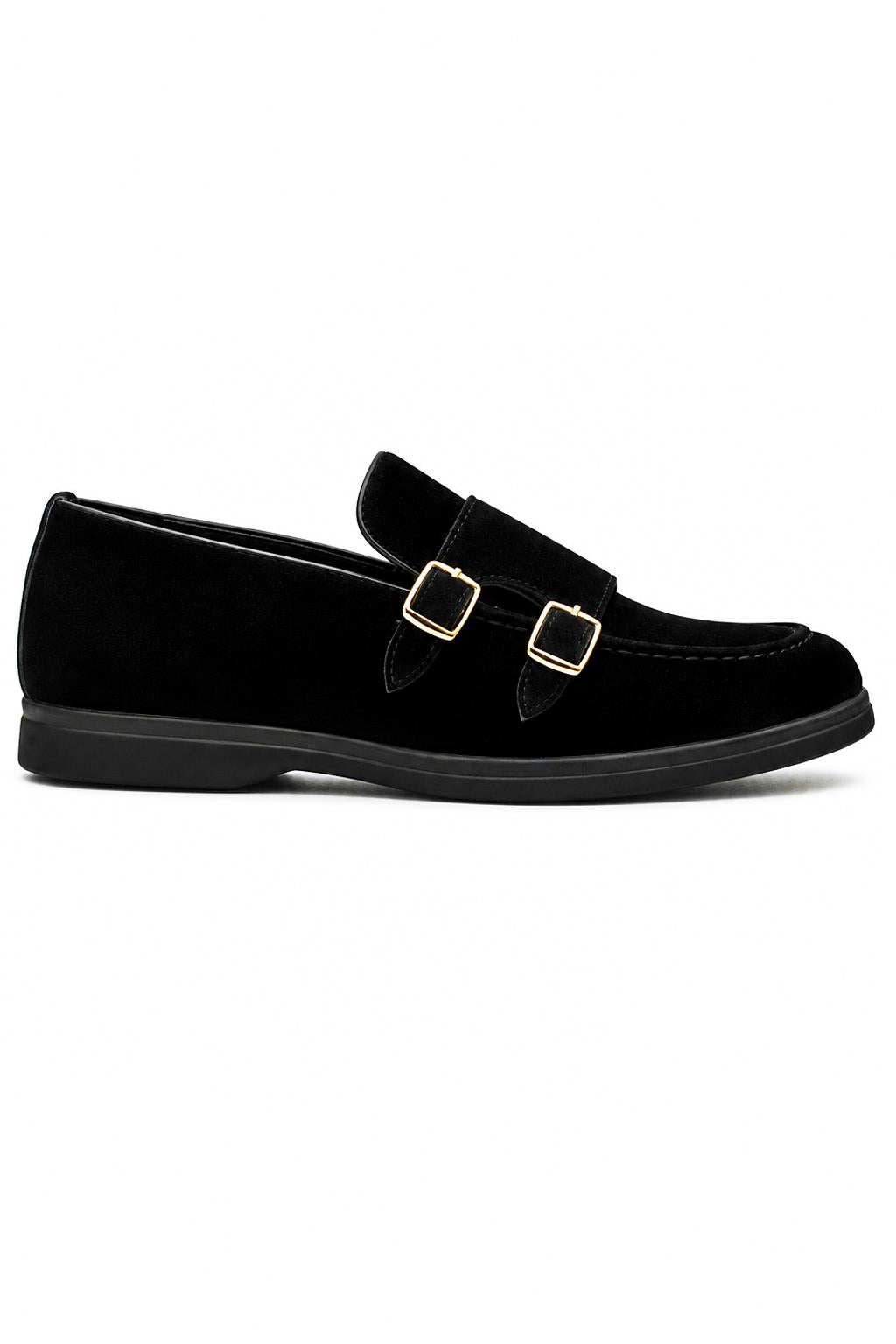 Men's Black Faux Suede Double Monk Strap Loafers